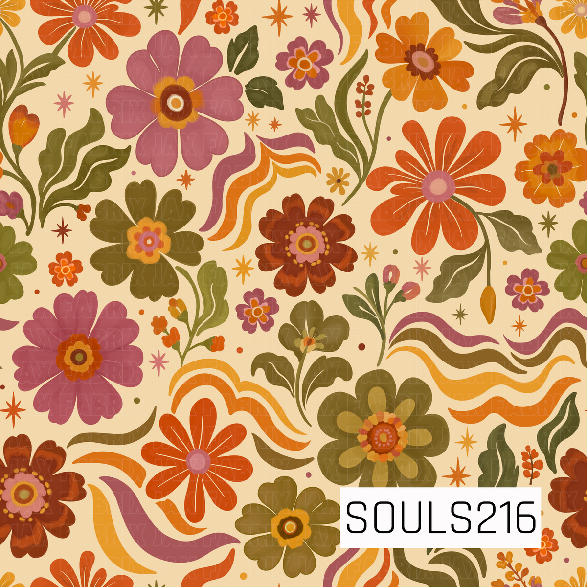 A funky retro floral pattern filled with oversized blooms, leafy stems, and playful wavy accents. The warm color palette features burnt orange, mustard yellow, dusty mauve, olive green, and deep rust against a creamy beige background. Scattered starburst details and flowing shapes give the design a fun, groovy 70s-inspired feel.