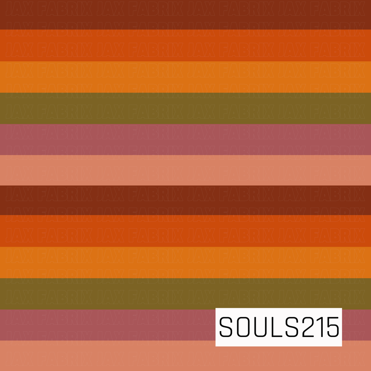 A retro striped coordinate featuring wide horizontal bands in warm, earthy shades of burnt orange, rust, mustard, olive green, dusty rose, and soft peach. The repeating color palette gives it a bold 70s-inspired feel while coordinating perfectly with the matching floral print.