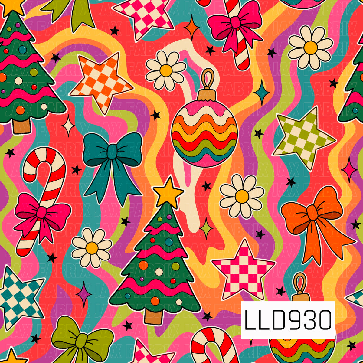 A funky retro Christmas pattern featuring colorful Christmas trees, candy canes with bows, wavy striped ornaments, gingham stars, daisies, and oversized bows. Bright pink, orange, teal, green, purple, and cream accents pop against a bold psychedelic wavy background.