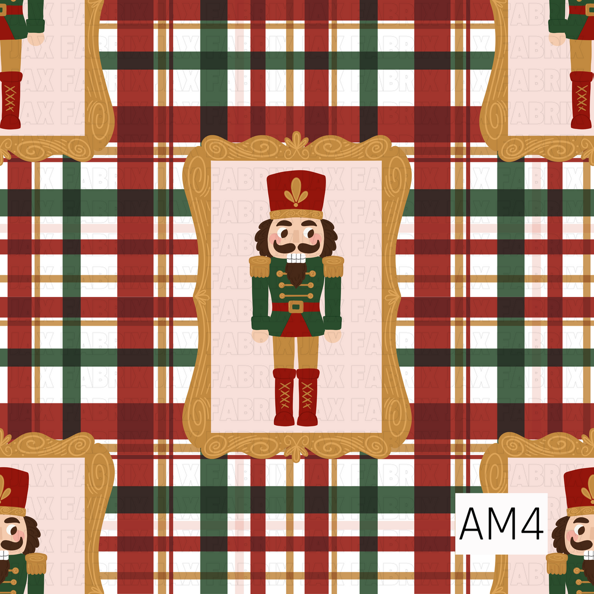 A festive Christmas pattern featuring classic nutcrackers framed in ornate golden picture frames over a traditional red, green, cream, and gold plaid background. The rich holiday colors and vintage-inspired details give it a warm, timeless Christmas feel.