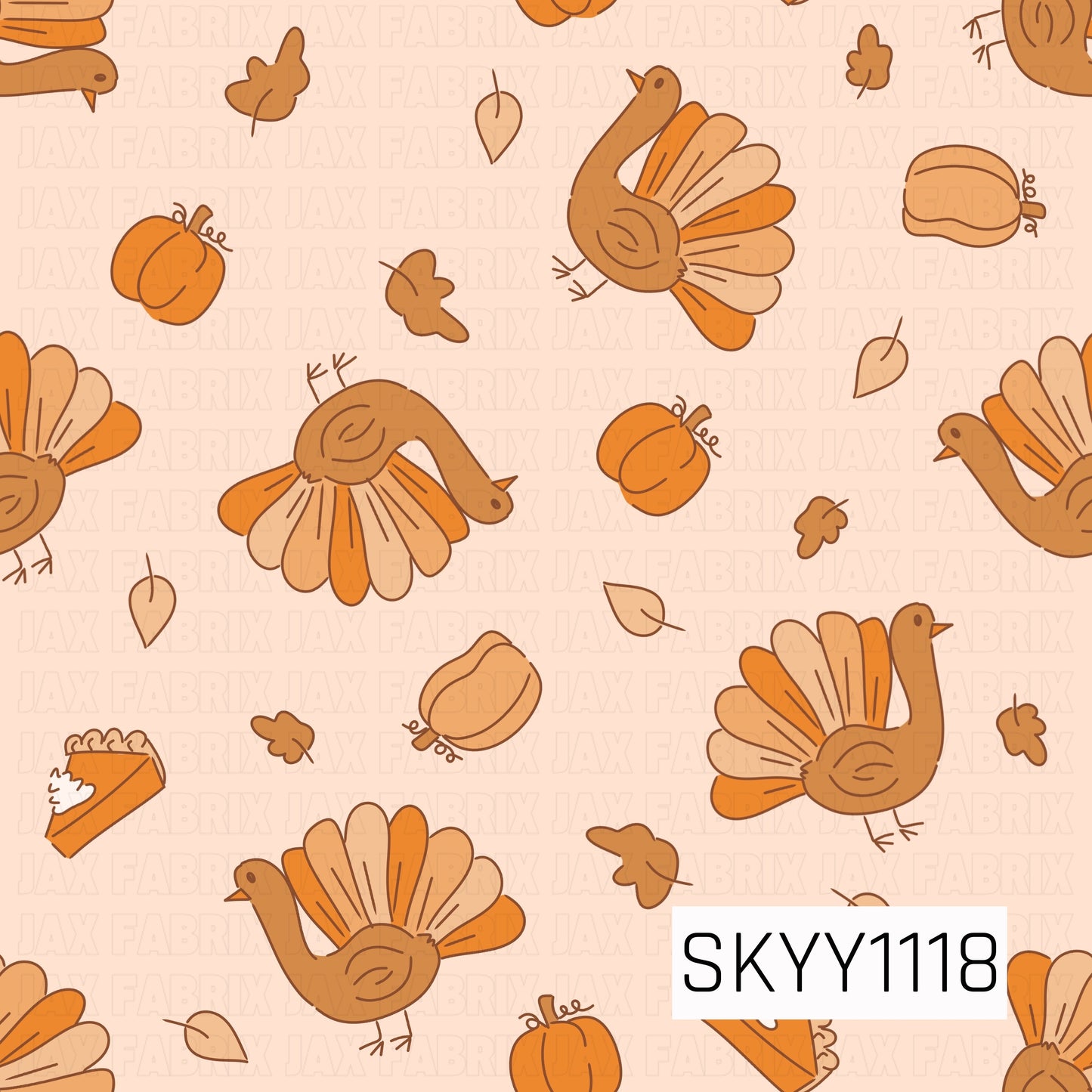 A playful Thanksgiving seamless pattern featuring whimsical turkeys, pumpkins, autumn leaves, pumpkin pie slices, and roasted turkey accents scattered across a soft peach background. Warm shades of orange, caramel, tan, and brown give the design a cozy, cheerful fall feel.