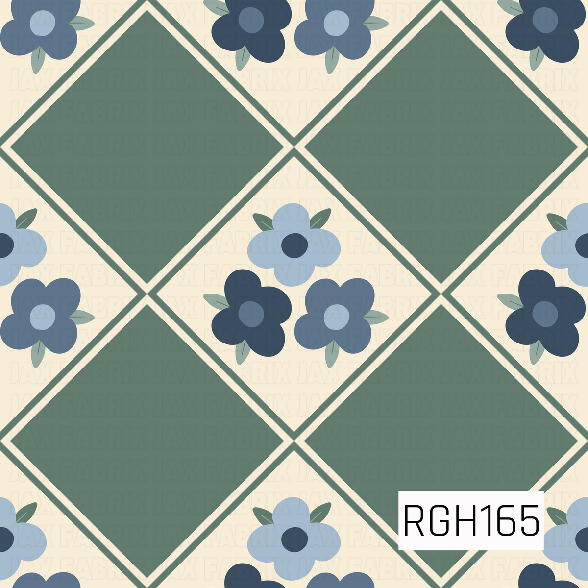 A charming geometric floral pattern featuring large sage green diamonds outlined with thin cream and green borders against a warm ivory background. Scattered between the diamonds are sweet, retro-inspired five-petal flowers in dusty blue, slate blue, and deep navy, accented with contrasting circular centers and small muted green leaves. The combination of bold diamond shapes, soft florals, and earthy blue-green tones creates a cozy, vintage-inspired design with a playful botanical feel.
