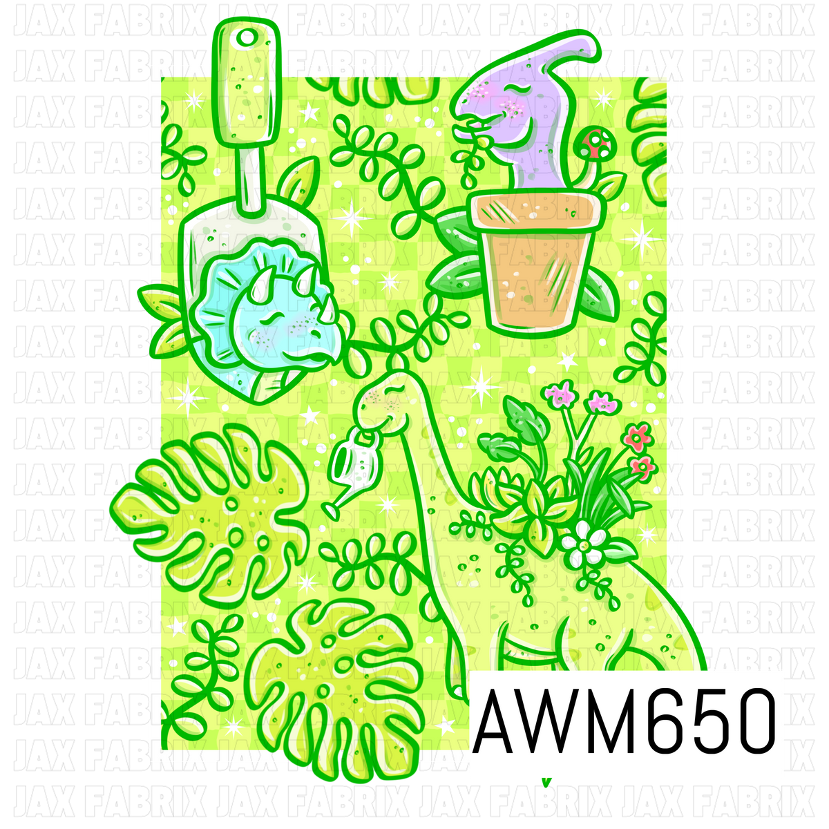 A playful PNG design featuring colorful dinosaurs enjoying a whimsical garden scene with tropical leaves, flowers, a potted plant and gardening tools. Bright lime green, aqua, lavender and pink give it a fun prehistoric botanical feel.