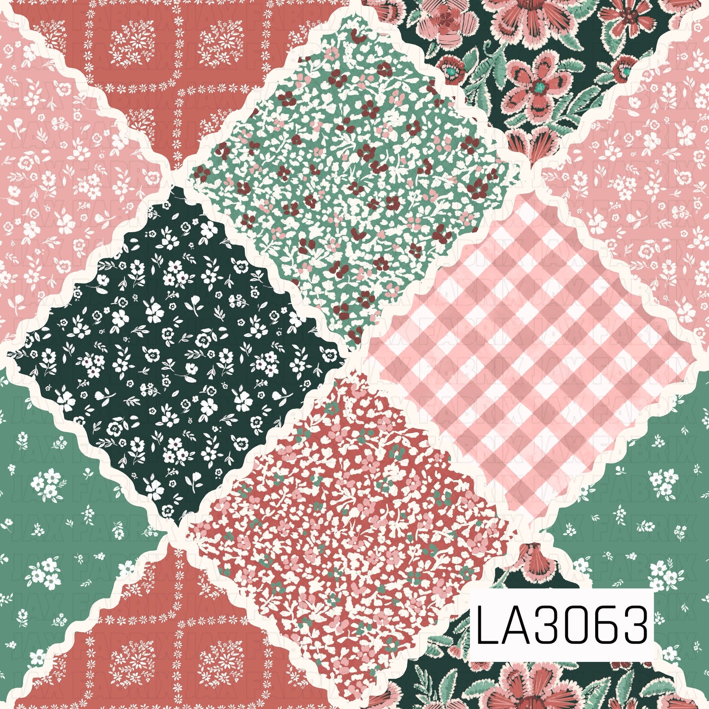 A charming vintage patchwork design combining ditsy florals, soft pink gingham, bandana-inspired motifs, and bold retro blooms. Cream rickrack-style borders frame each patch, while deep forest green, sage, coral, blush pink, and ivory create a cozy handcrafted quilt aesthetic.