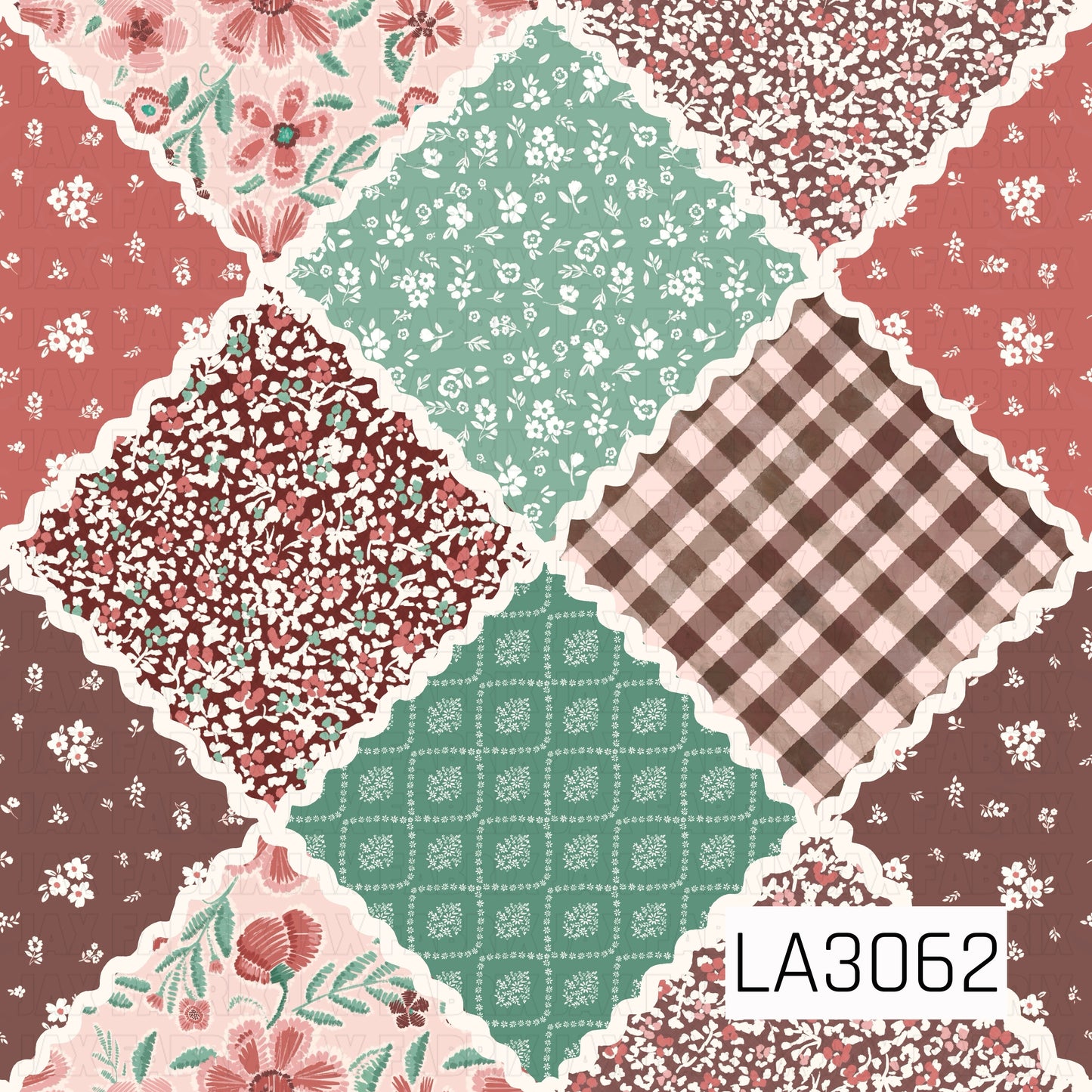 A cozy vintage patchwork design featuring an eclectic mix of ditsy florals, painterly gingham, bandana-inspired motifs, and bold retro flowers. Cream rickrack-style borders frame each patch, while warm brown, coral, blush pink, soft sage, and ivory create a charming handcrafted quilt aesthetic.