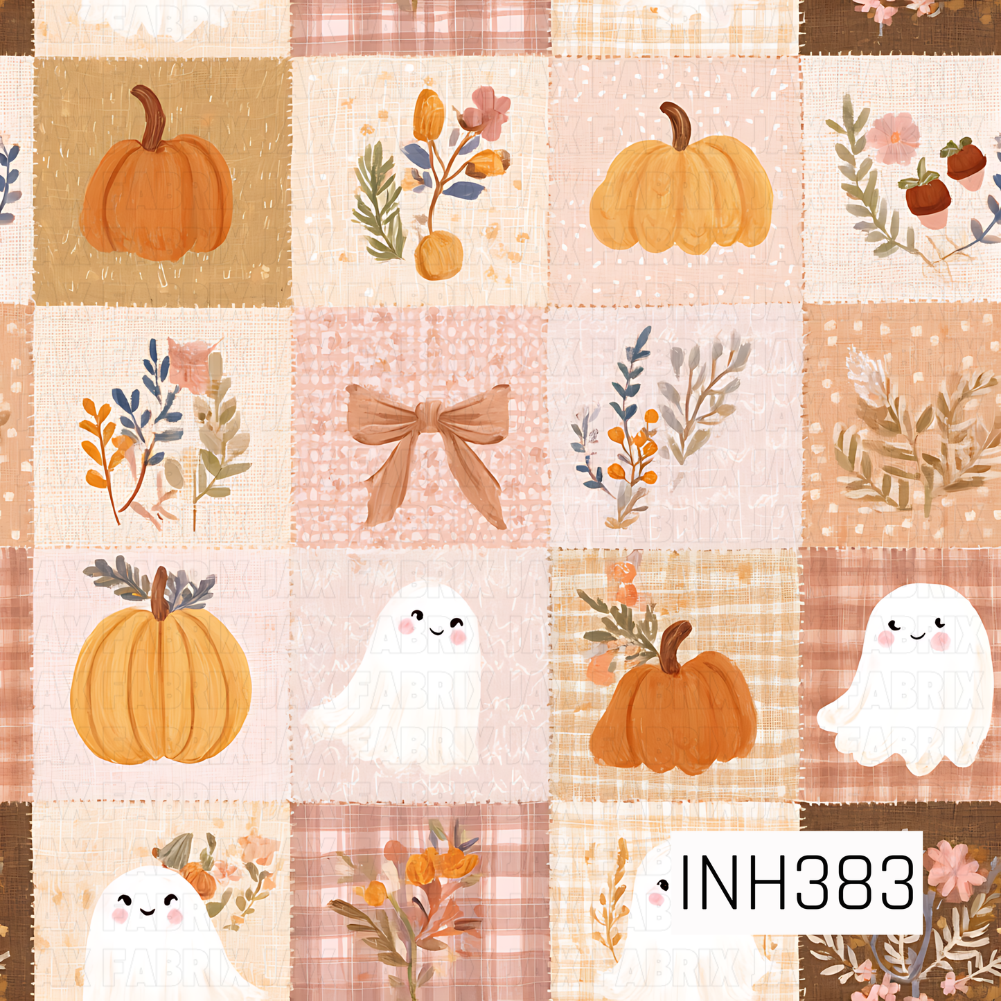 A cozy seamless patchwork pattern featuring watercolor pumpkins, smiling little ghosts, autumn florals, rustic bows, plaid, and textured fabric-inspired squares in warm shades of tan, cream, blush, and soft orange. The charming quilt-style design blends sweet fall and Halloween elements with a vintage cottage feel for a warm, whimsical seasonal look.