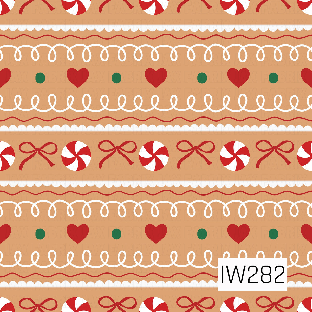 A whimsical gingerbread-inspired pattern featuring horizontal rows of red and white peppermint candies, delicate red bows, sweet red hearts, and green dots against a warm caramel brown background. Playful white icing swirls, scalloped borders, and thin red wavy lines add a charming, hand-decorated gingerbread cookie feel.