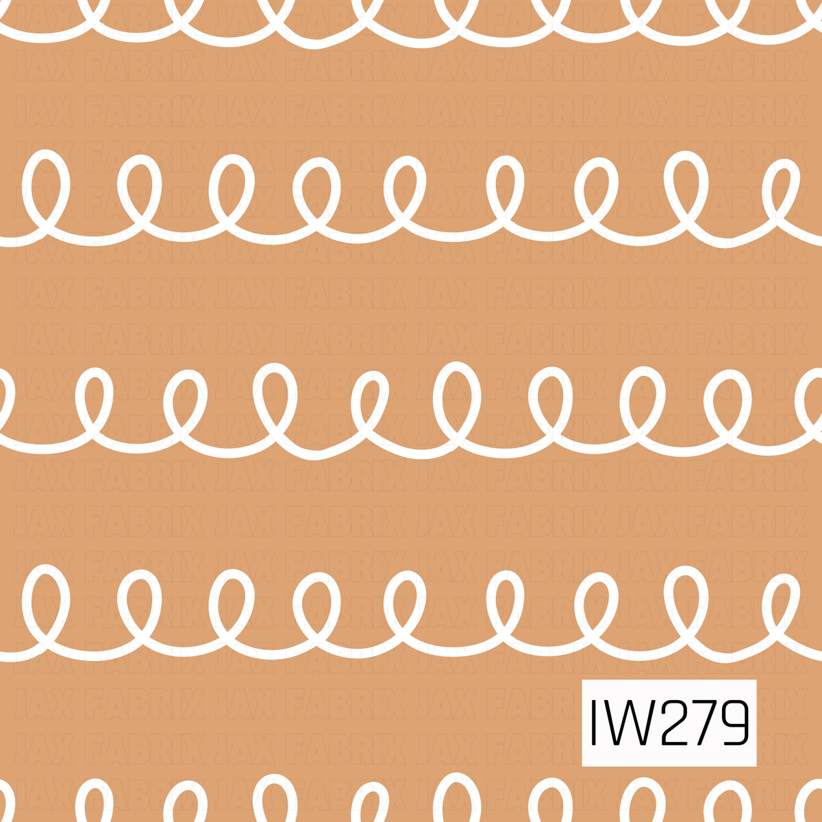 A sweet gingerbread-inspired pattern featuring rows of playful white icing swirls looping across a warm caramel brown background. The evenly spaced horizontal rows of delicate, continuous curls create a simple yet whimsical design reminiscent of decorative icing on freshly baked gingerbread cookies.