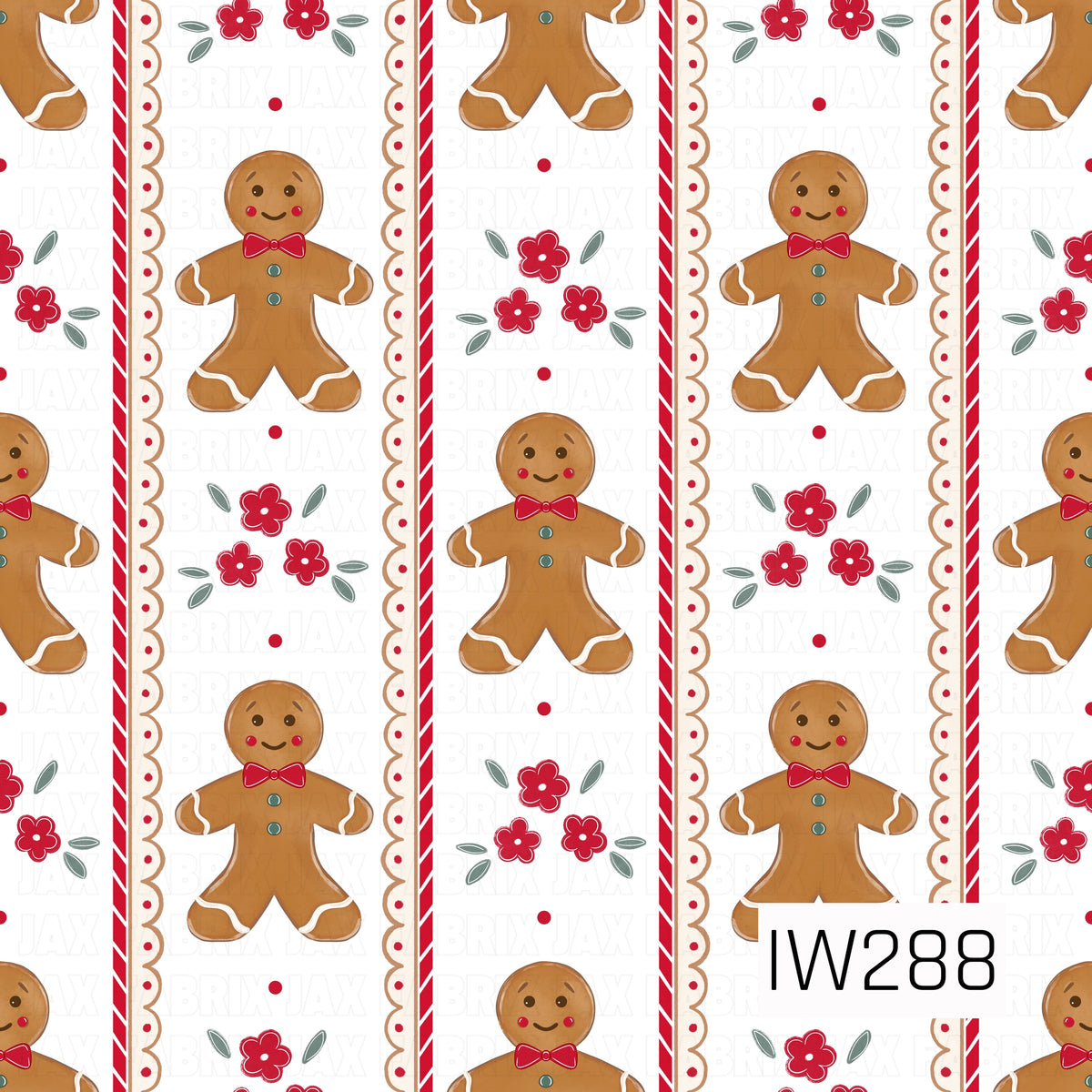 A charming vintage-inspired Christmas pattern featuring vertical stripes of smiling gingerbread men with rosy cheeks, red bow ties, teal buttons, and white icing details. Delicate clusters of red flowers with muted green leaves alternate between the gingerbread men, while scalloped gingerbread-colored borders, candy cane red stripes, and tiny red polka dots add a sweet, festive touch against a crisp white background.