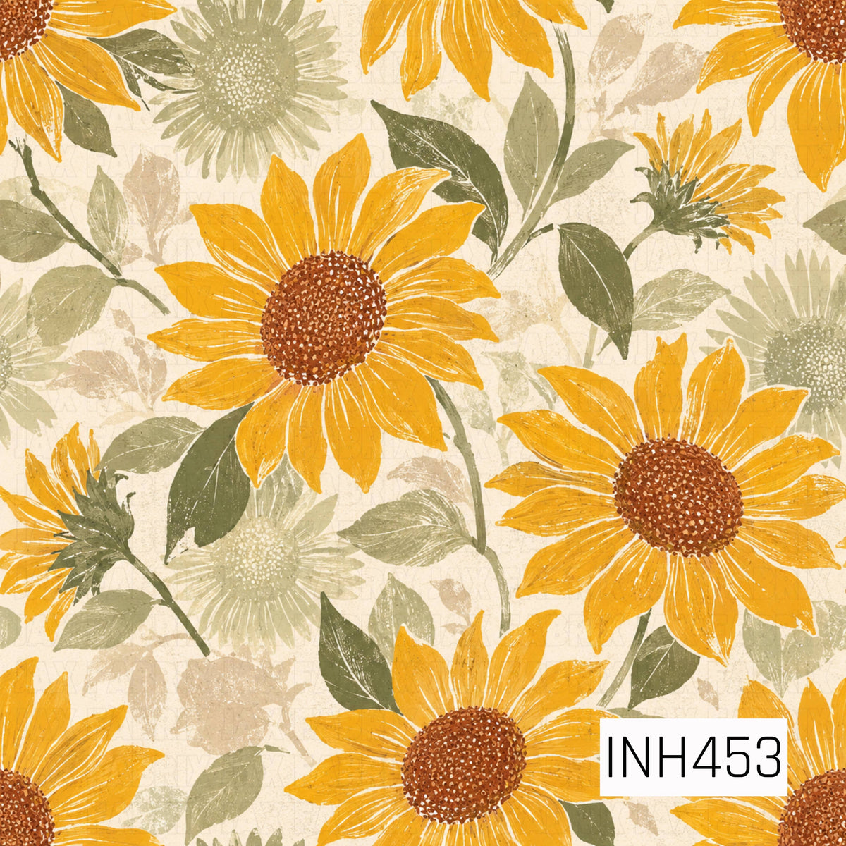 A rustic sunflower floral featuring large golden yellow sunflowers with rich brown centers, layered with muted sage green blooms, olive green leaves, and soft beige foliage. The distressed, vintage-inspired detailing sits against a warm cream textured background, creating a cozy farmhouse feel.
