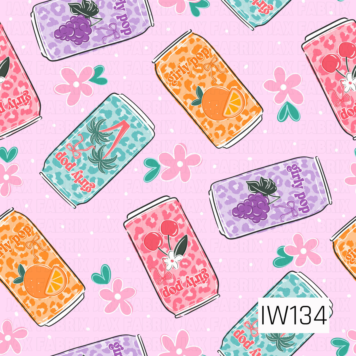 A bold and playful seamless print featuring retro-inspired soda cans scattered across a soft pastel pink background with tiny white polka dots. Each can showcases vibrant pink, turquoise, orange, and lavender leopard prints with fruity designs including cherries, oranges, grapes, and tropical palm trees. Playful lettering, decorative bows, scattered pink flowers, and teal hearts add a girly touch, creating a fun, funky design with a colorful nostalgic feel.