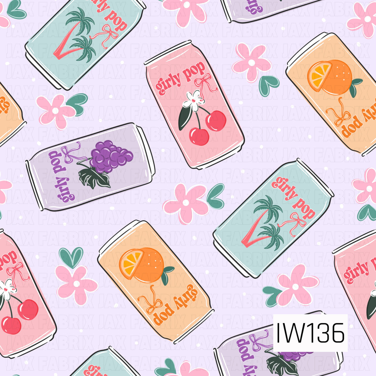 A fun and playful seamless print featuring retro-inspired soda cans scattered across a soft lavender background with tiny white polka dots. Pastel cans in pink, peach, turquoise, and purple feature cherries, grapes, oranges, tropical palm trees, and cute “girly pop” lettering. Pink flowers, teal hearts, and dainty bow accents add a sweet, nostalgic touch to this colorful design.