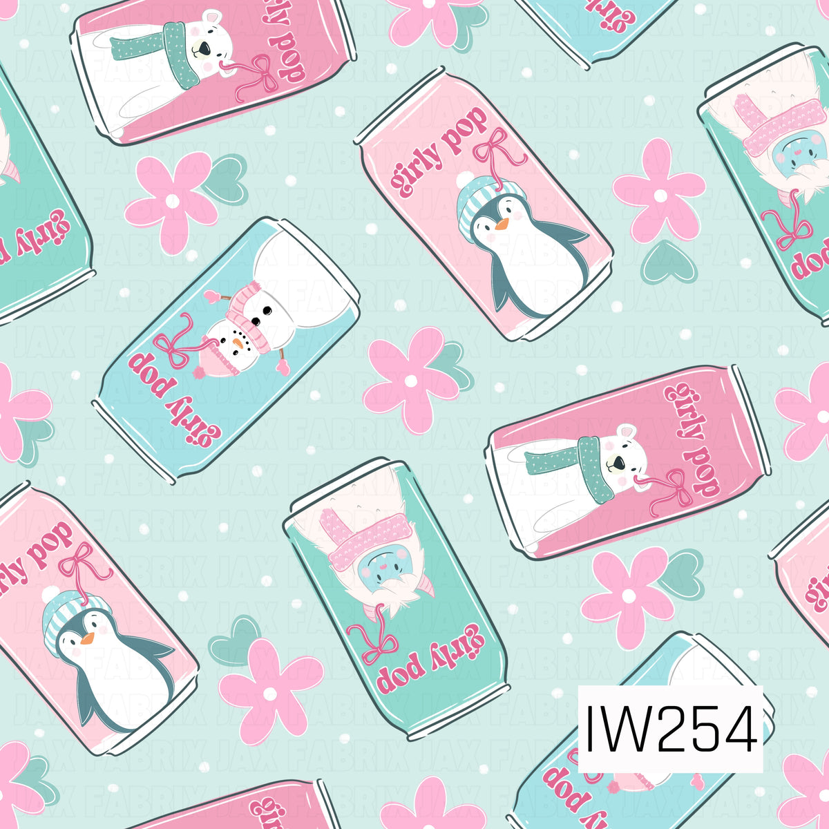 A playful winter-themed pattern featuring pastel pink, aqua blue, and mint green soda cans decorated with adorable penguins, polar bears, snowmen, and cozy winter animals wearing scarves and knit hats. Each can features fun “girly pop” lettering, surrounded by pink flowers, mint green hearts, and scattered white snowflakes against a soft mint background.