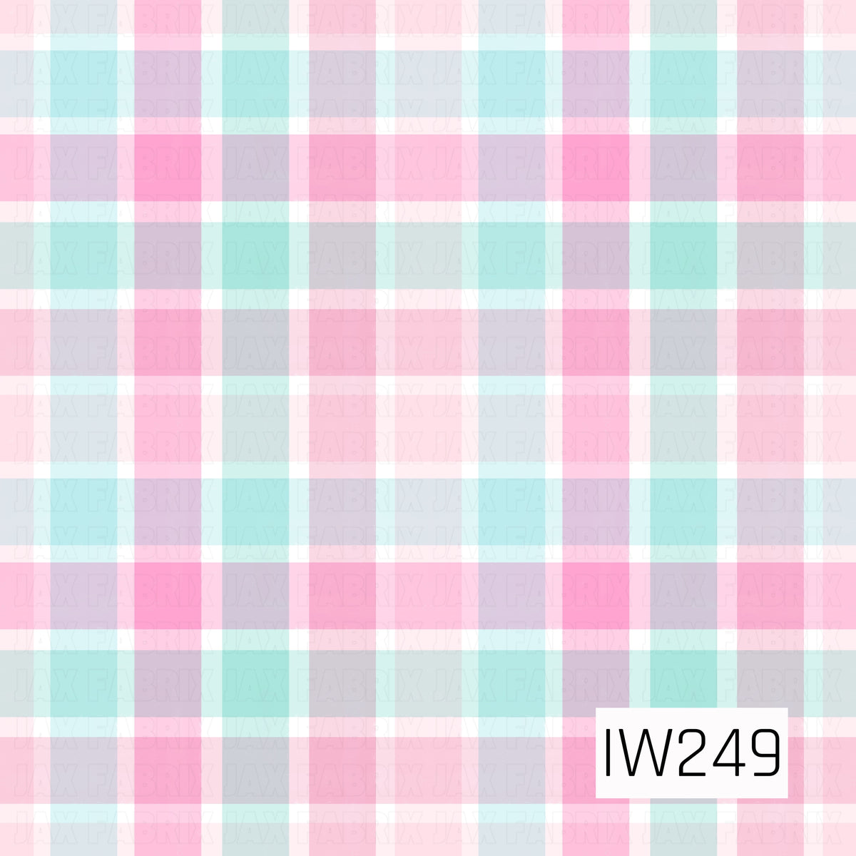 A sweet pastel plaid featuring overlapping horizontal and vertical stripes in soft pink, aqua blue, mint green, and white. The varying stripe widths create a layered checkered pattern with subtle lavender tones where the colors overlap, giving the design a soft, playful, and girly feel.