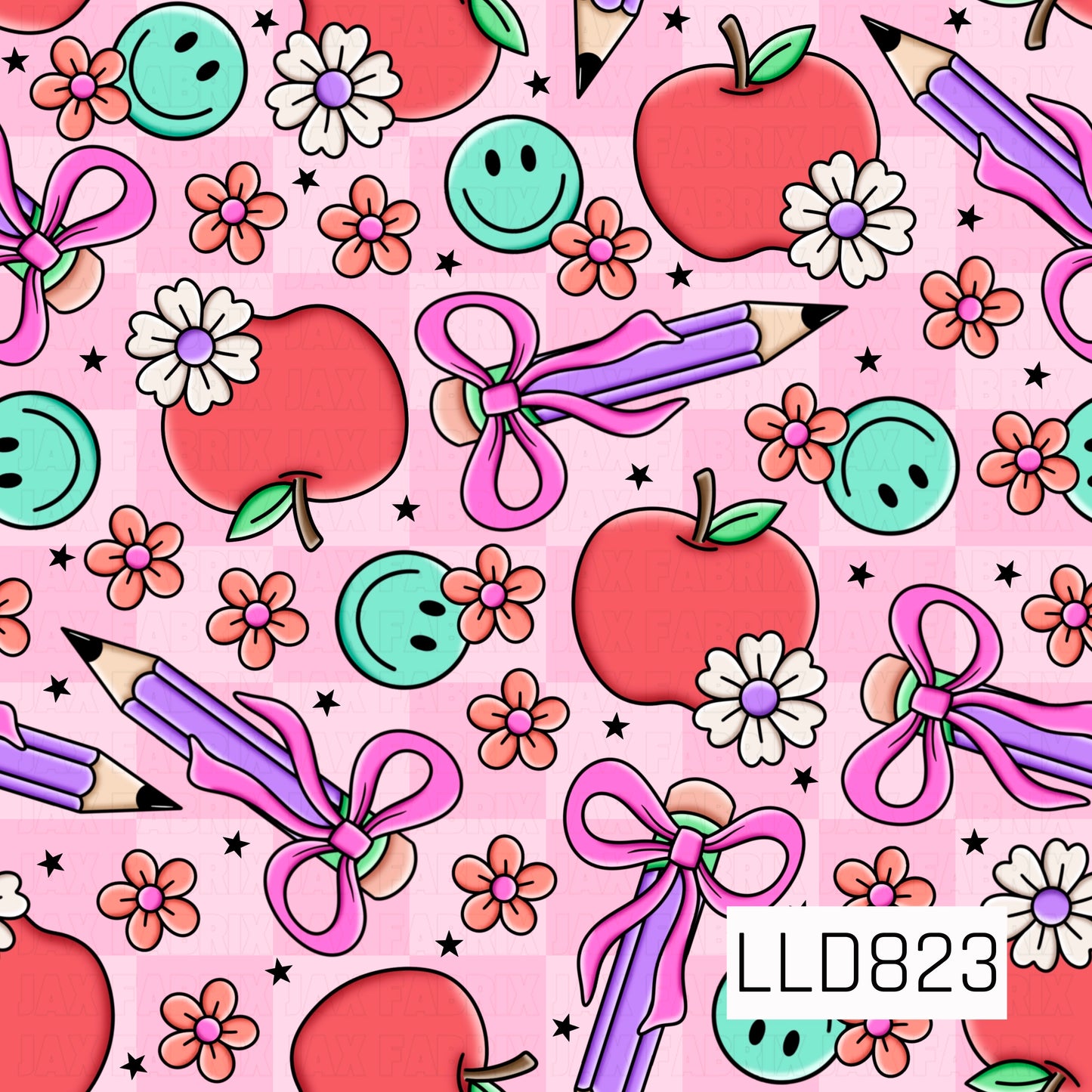 A playful back-to-school pattern featuring red apples, purple pencils tied with pink bows, cheerful smiley faces, white daisies, tiny pink flowers, and black accent stars scattered across a soft pink background.