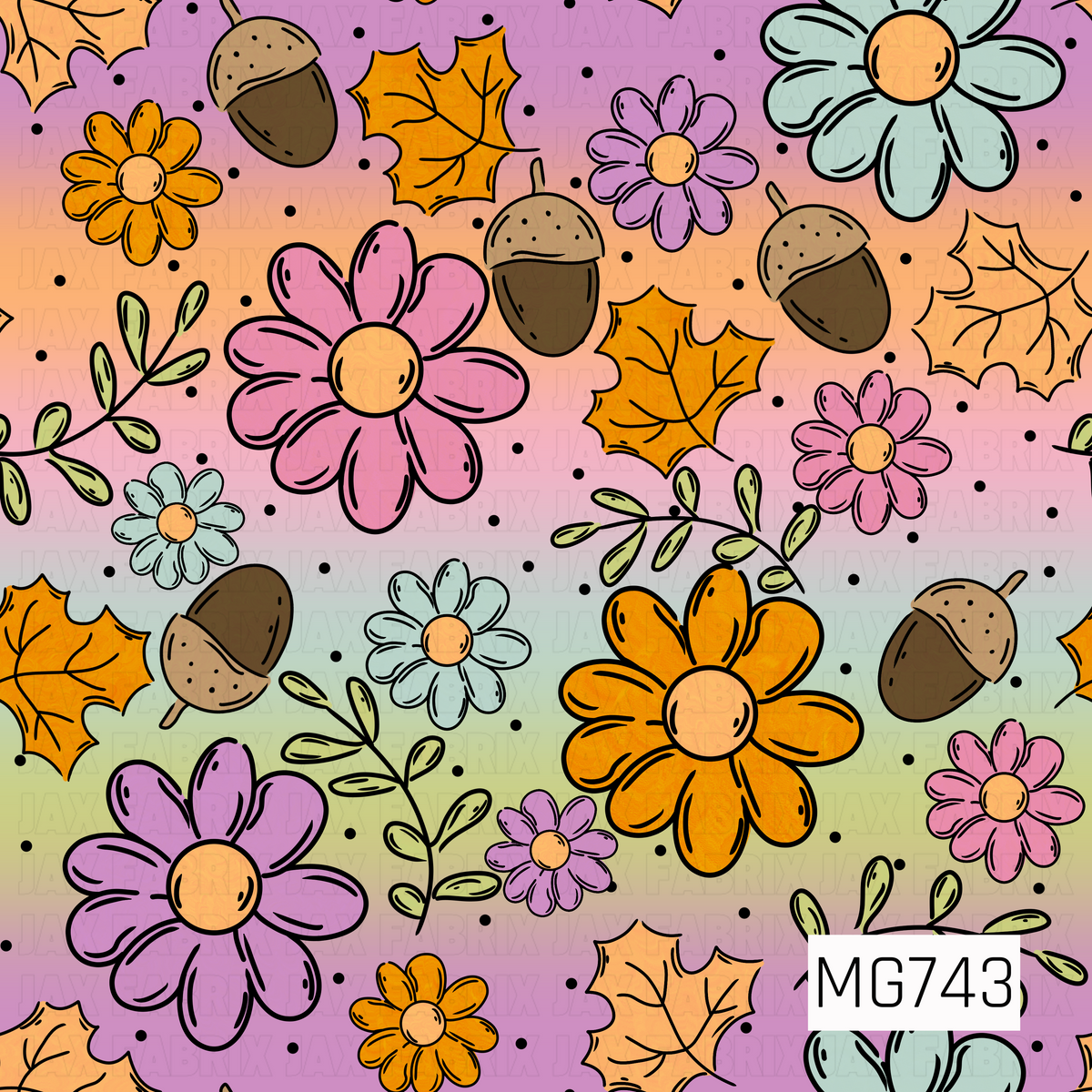 A playful fall floral pattern featuring oversized daisies in shades of pink, lavender, golden orange, and soft mint blue, accented by scattered acorns, orange autumn leaves, delicate green leafy sprigs, and tiny black dots. A dreamy pastel gradient background blending pink, peach, lavender, mint, and sage green gives this whimsical design a fun, retro-inspired autumn feel.