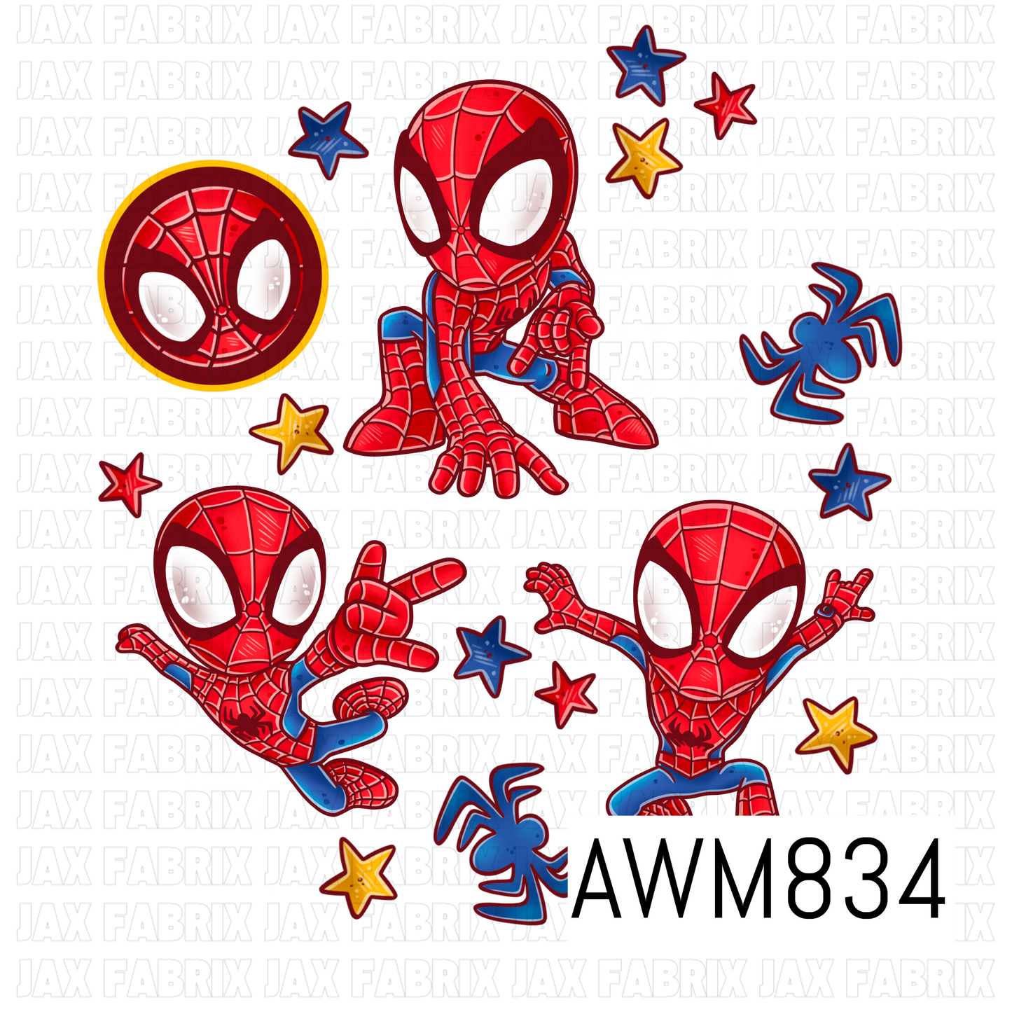 Superhero-inspired clipart collection featuring adorable masked web-slinging characters in action poses, accented with spiderwebs, spider icons, colorful stars, and comic-style details. Designed in bold red, blue, yellow, white, and black tones, this playful PNG set captures a fun adventure-themed aesthetic, making it perfect for sublimation, stickers, bow making, apparel, party decor, and crafting projects.