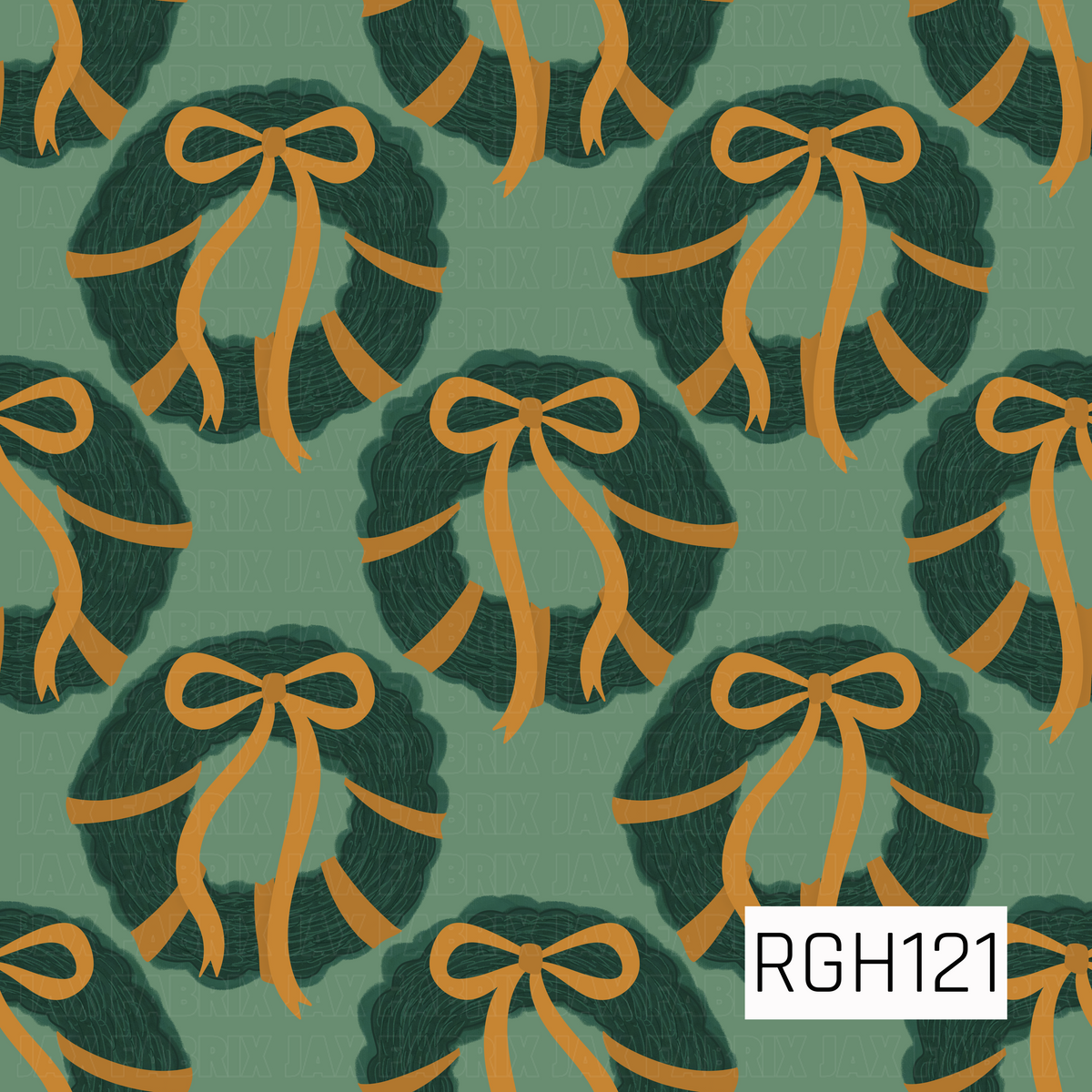 A festive Christmas wreath pattern featuring textured deep green wreaths wrapped with warm golden ribbon and topped with oversized gold bows. The wreaths are scattered across a muted sage green background for a cozy, vintage-inspired holiday look.