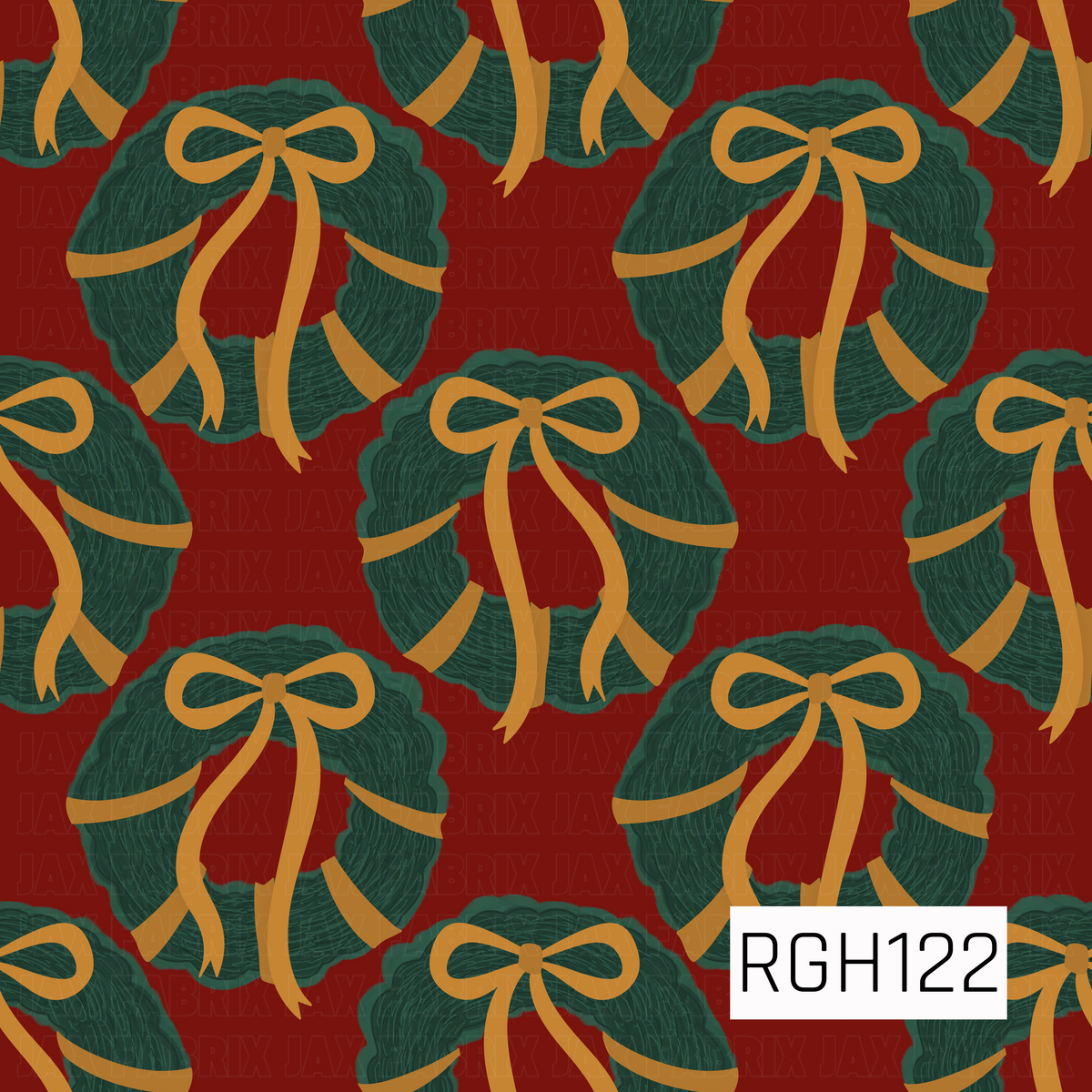A festive Christmas wreath pattern featuring textured deep green wreaths wrapped in warm golden ribbon and topped with oversized gold bows. The wreaths are scattered across a rich deep red background, creating a classic, cozy holiday look.