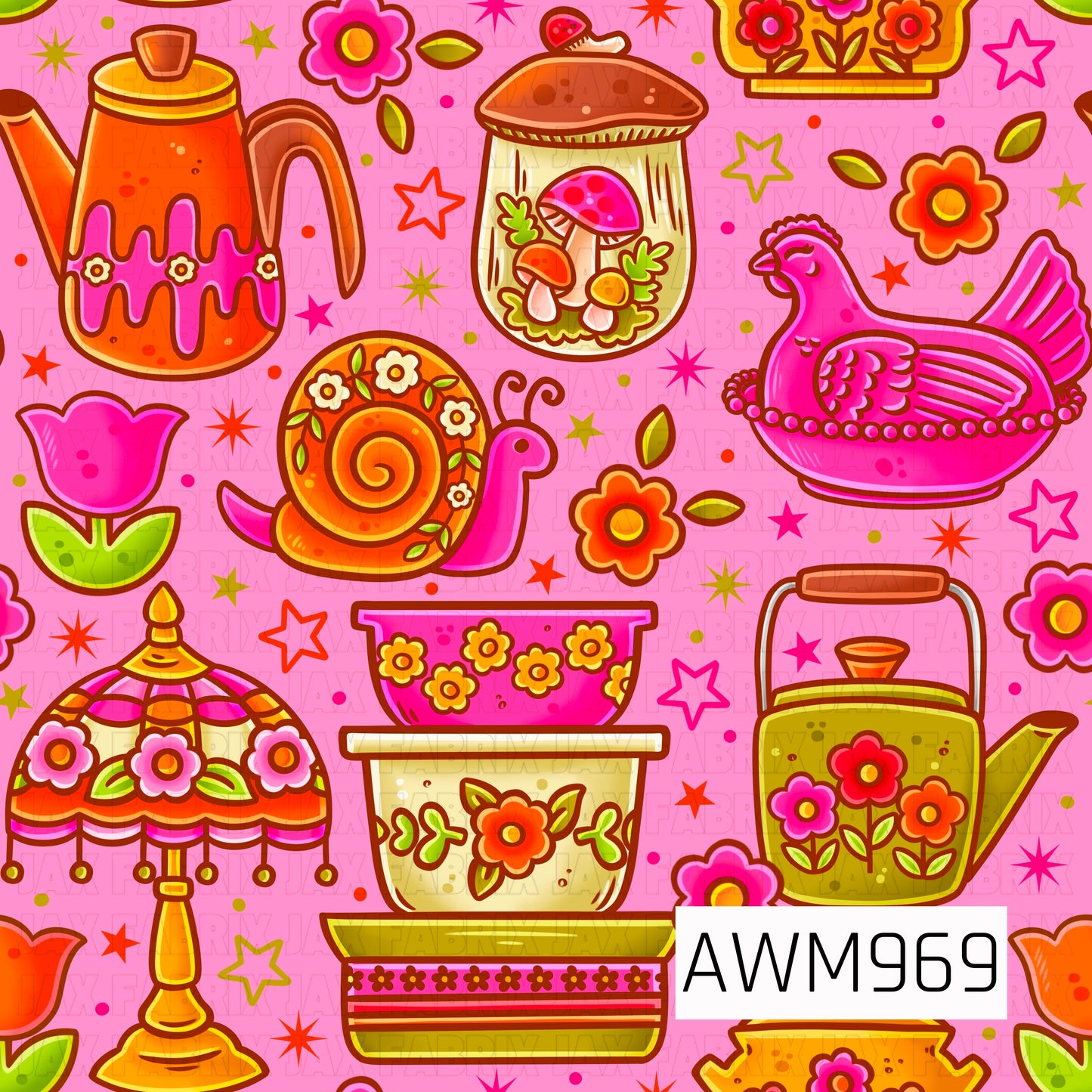 A vibrant cottagecore-inspired pattern featuring whimsical garden and vintage décor elements, including floral watering cans, decorative planters, blooming tulips, a flower-adorned snail, a pink hen dish, a mushroom terrarium, and an ornate floral lamp. Set against a bright pink background with scattered stars, flowers, and leaves, this colorful design combines shades of pink, orange, yellow, cream, and green for a cheerful retro aesthetic.