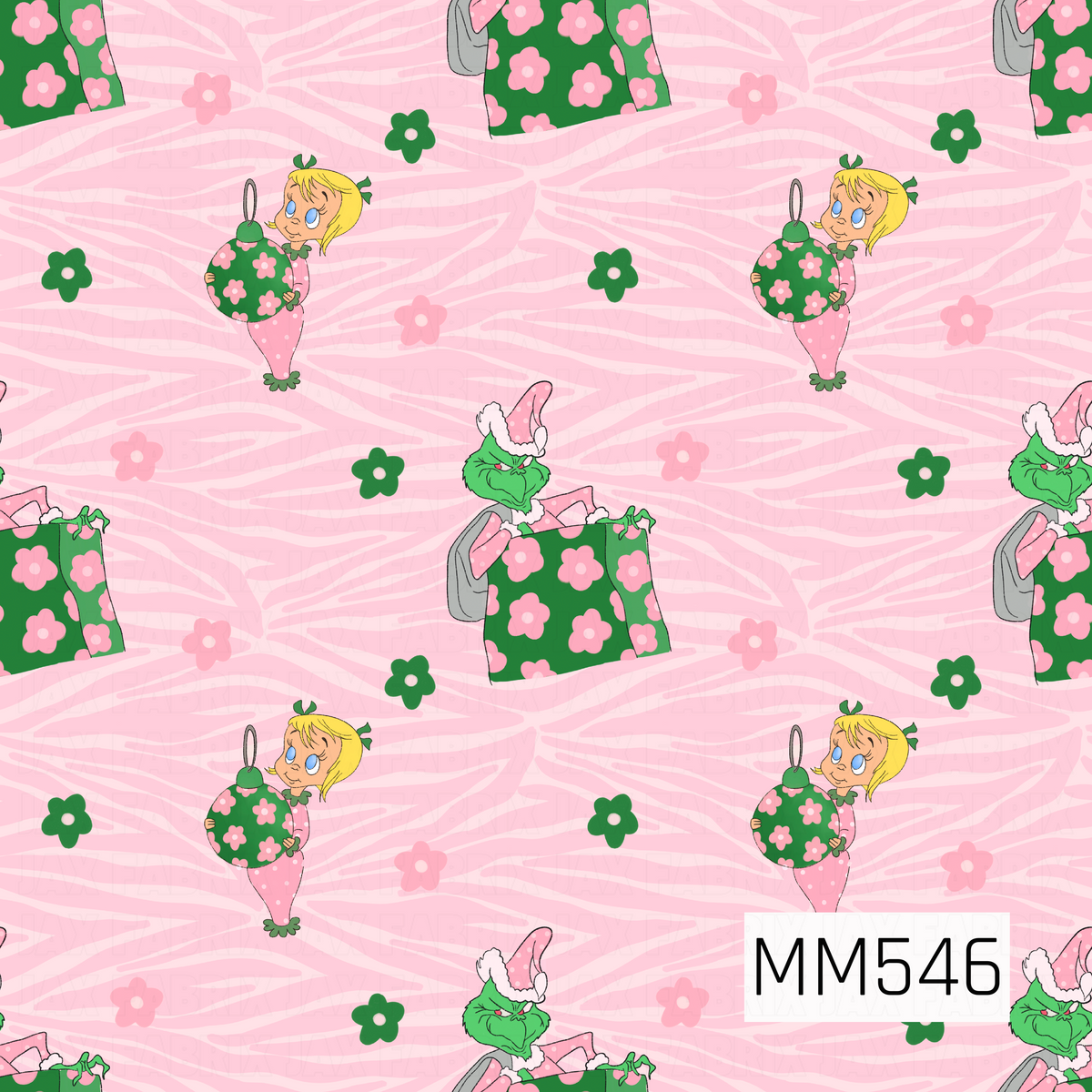 A playful Christmas pattern featuring a mischievous green character wearing pink polka dot pajamas and a matching Santa hat, peeking out of a green gift bag covered in pink flowers. A sweet blonde little girl in coordinating pajamas holds an oversized floral Christmas ornament. Scattered pink and green retro-style flowers decorate the soft pink zebra print background, creating a fun and whimsical holiday design.