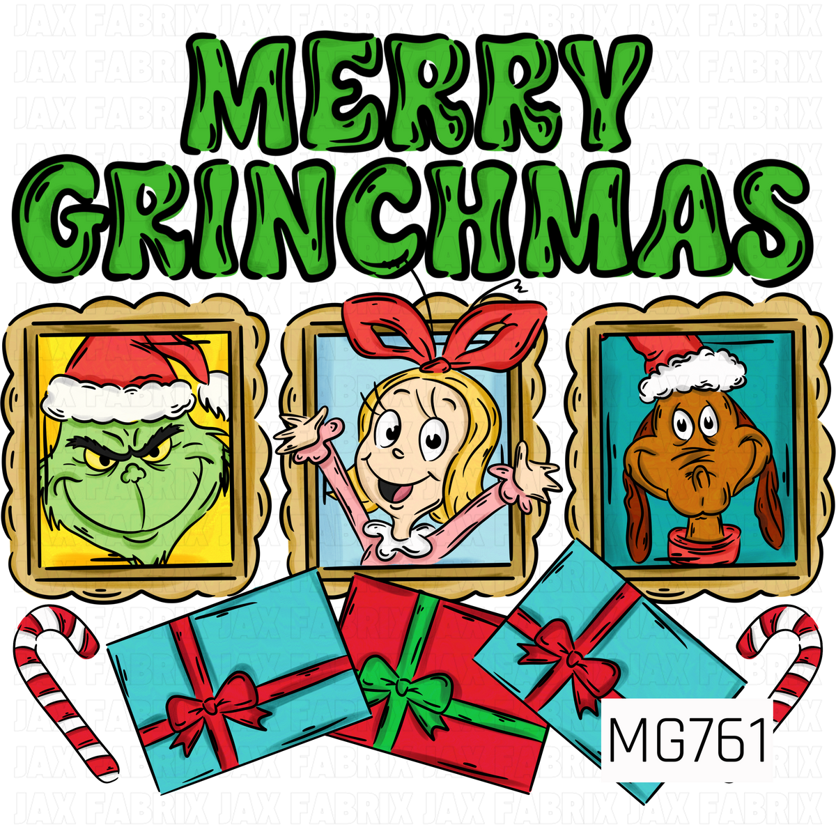 A festive Christmas PNG design featuring the phrase “Merry Grinchmas” in bold, whimsical green lettering. Three decorative gold frames showcase a mischievous green holiday character, a cheerful blonde girl with a large red bow, and an adorable brown dog wearing a Santa hat. Colorful red and turquoise wrapped presents with oversized bows and striped candy canes complete this playful holiday design.