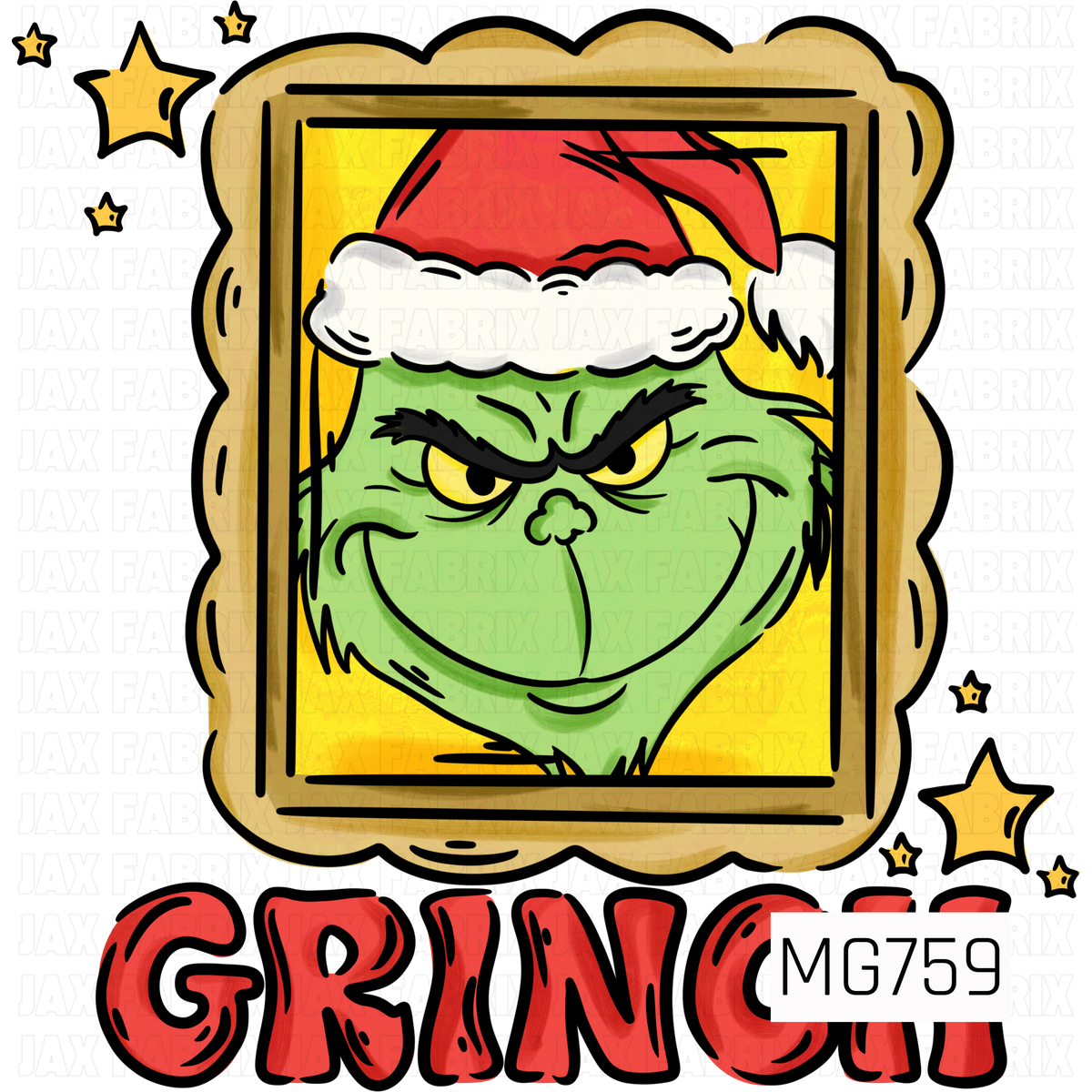 A whimsical Christmas PNG design featuring a mischievous green holiday character wearing a red Santa hat, displayed inside an ornate gold picture frame with a bright yellow background. Scattered golden stars add a festive touch, while bold, distressed red lettering spelling “GRINCH” completes this playful holiday design, perfect for Christmas shirts, accessories, and seasonal crafts.