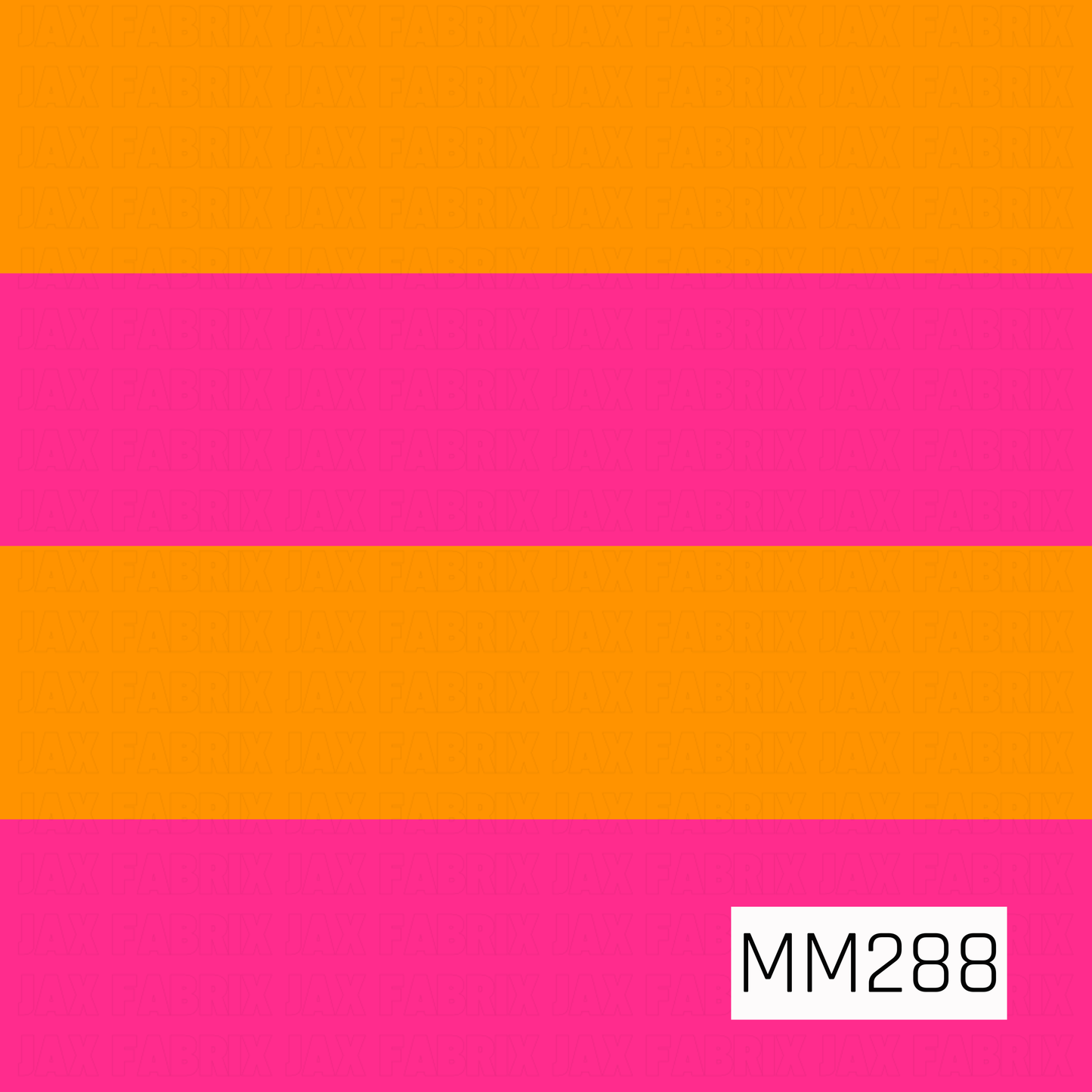 A bold retro stripe design featuring wide horizontal bands of vibrant hot pink and bright orange. The simple color-block layout creates a fun, groovy aesthetic inspired by vintage 70s style, making it a versatile coordinating print for playful, colorful collections.