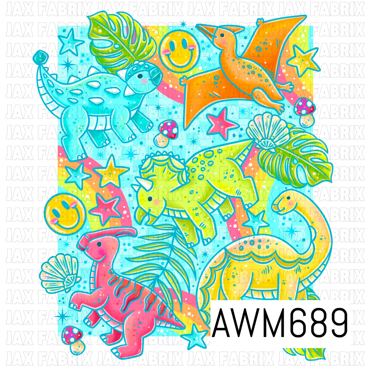 A bright prehistoric PNG featuring playful colorful dinosaurs surrounded by tropical leaves, rainbows, seashells, smiley faces, mushrooms, stars, and sparkles. Vibrant turquoise, pink, orange, yellow, and lime tones create a fun, colorful retro look.