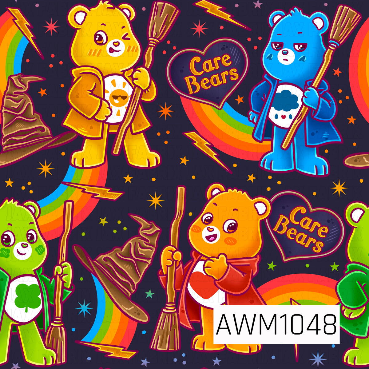 A colorful, magical Care Bears seamless pattern featuring adorable bears dressed in wizard-inspired robes and holding broomsticks. Set against a deep navy background, the design includes bright rainbow arches, golden lightning bolts, whimsical sorting hats, heart-shaped Care Bears logos, and scattered colorful stars. Vibrant shades of yellow, orange, lime green, electric blue, and pink give this playful print a fun, nostalgic feel.