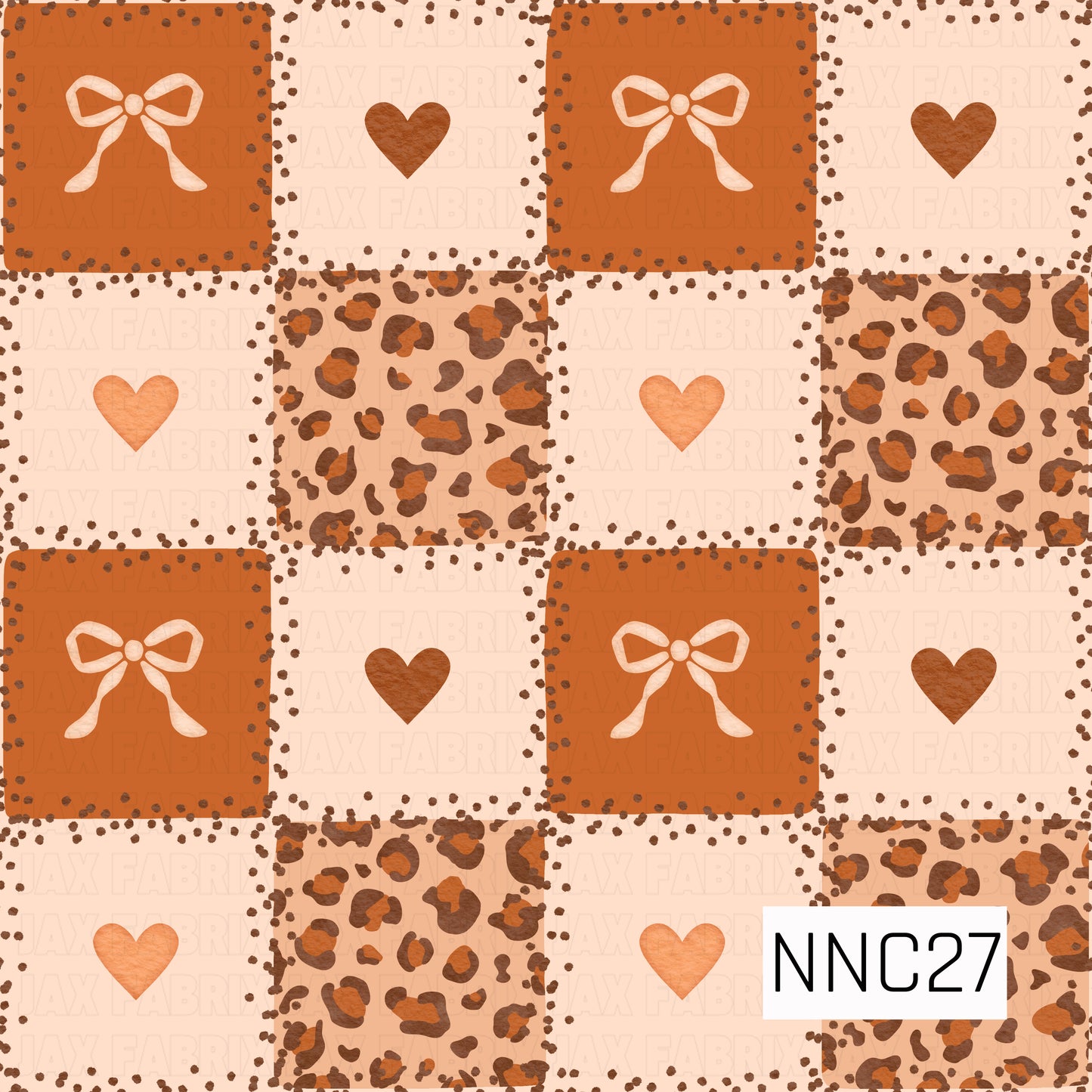 A playful textured patchwork pattern featuring alternating squares of cream bows, warm-toned hearts, and burnt-orange leopard print, all framed with hand-drawn chocolate-brown dotted borders.