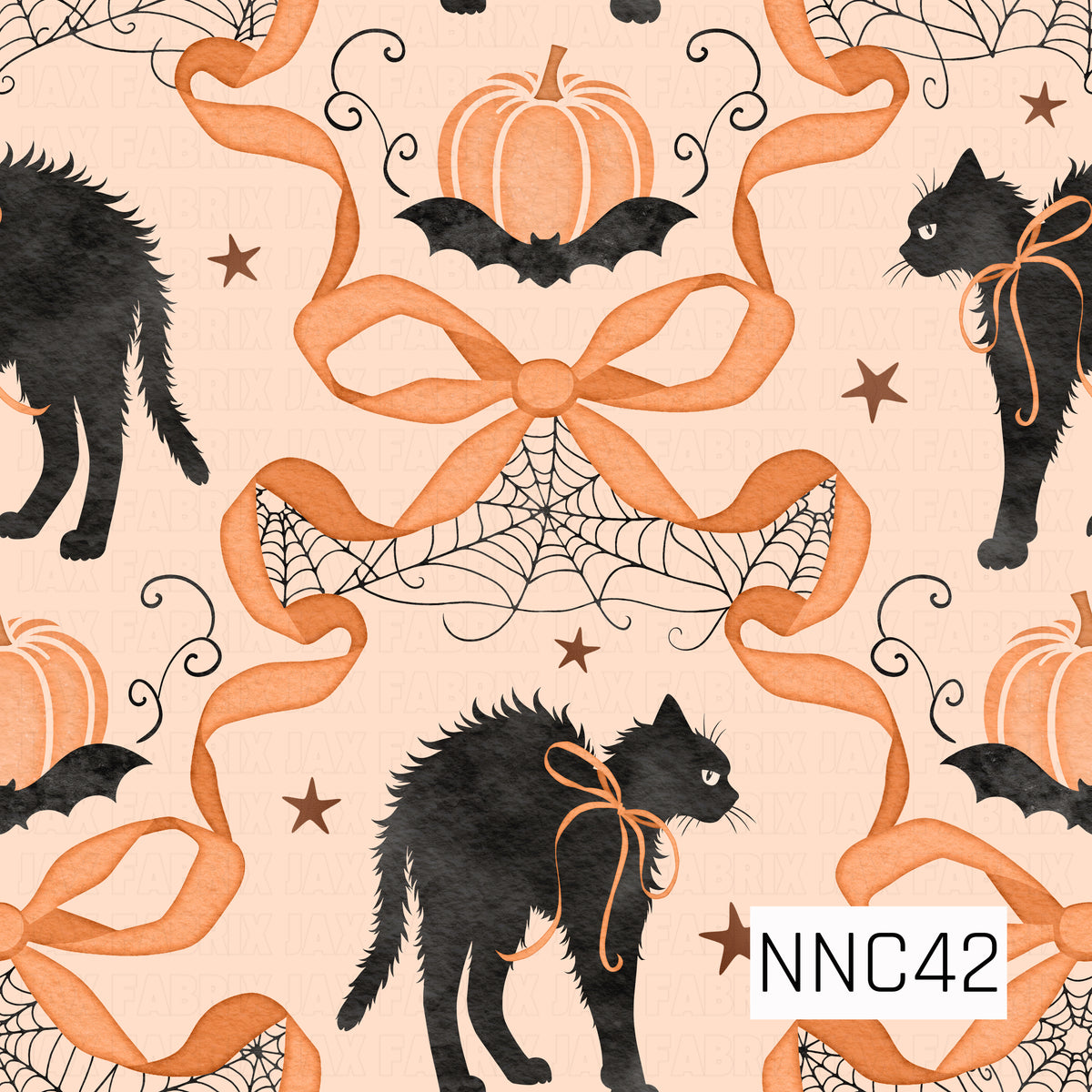A whimsical Halloween pattern featuring spooky black cats tied with orange bows, pumpkins paired with bats, oversized orange ribbon bows filled with delicate spiderwebs, and scattered stars and swirls. A soft peach background and watercolor-style texture give the design a playful vintage Halloween feel.