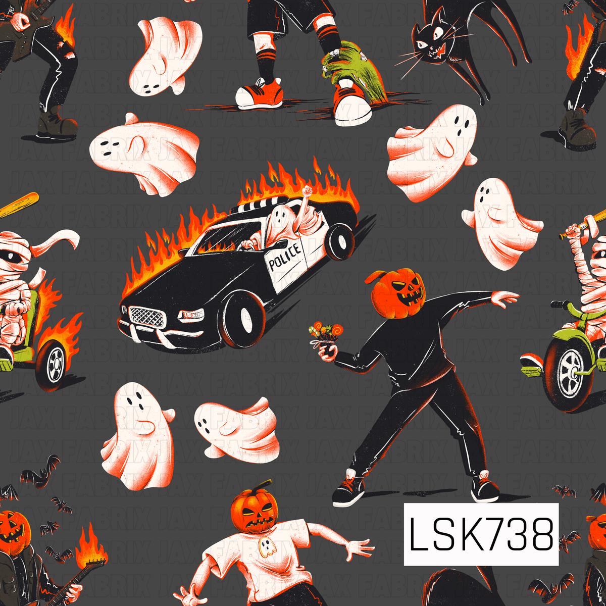 A bold retro Halloween pattern featuring playful sheet ghosts, creepy black cats, pumpkin-headed characters, bats, mummies, and a flaming police car. Bright orange, white, black, and pops of green stand out against the dark charcoal background for a quirky vintage spooky-season feel.
