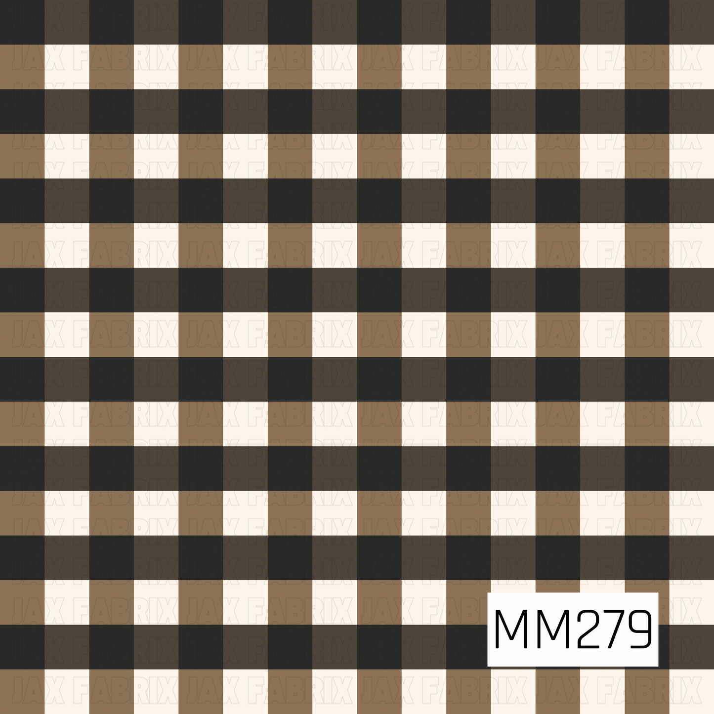 A classic large-scale gingham plaid featuring alternating black, warm taupe-brown, and soft cream squares. The bold checkered pattern creates a timeless farmhouse-inspired look with a neutral color palette and clean geometric design.