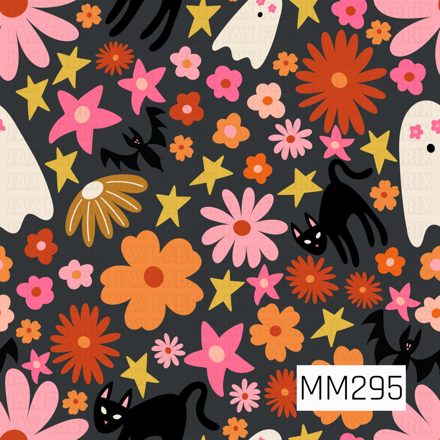 A whimsical Halloween print featuring playful black cats, fluttering bats, friendly ghosts, scattered stars, and an assortment of retro-inspired flowers. Set against a deep charcoal background, the design blends spooky and sweet elements with a vintage folk-art feel, creating a fun and charming pattern that's perfect for the Halloween season.