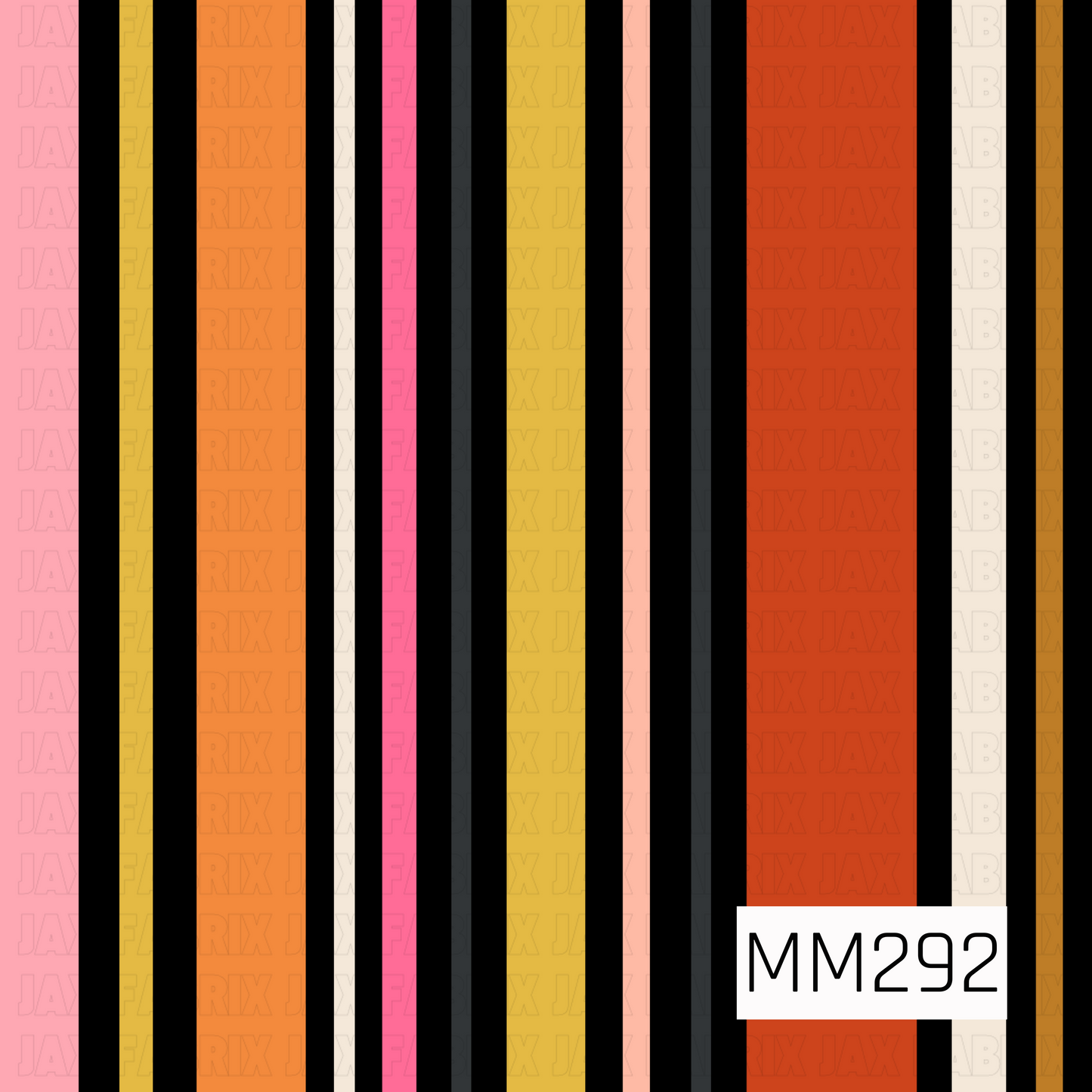 A classic pinstripe design featuring vertical stripes in blush pink, mustard yellow, orange, cream, hot pink, charcoal, coral red, and black. The varying stripe widths create a balanced, eye-catching look that adds structure and contrast while serving as a versatile coordinating print throughout the collection.