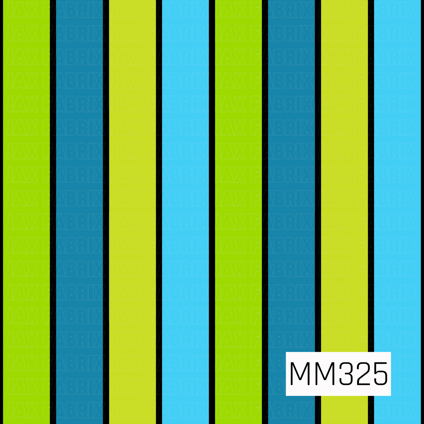 A bold coordinate pattern featuring alternating vertical stripes in lime green, chartreuse, teal blue, sky blue, and black. The bright, high-contrast colors create a fun, energetic design that perfectly complements spooky potion, monster, and Halloween-themed collections.