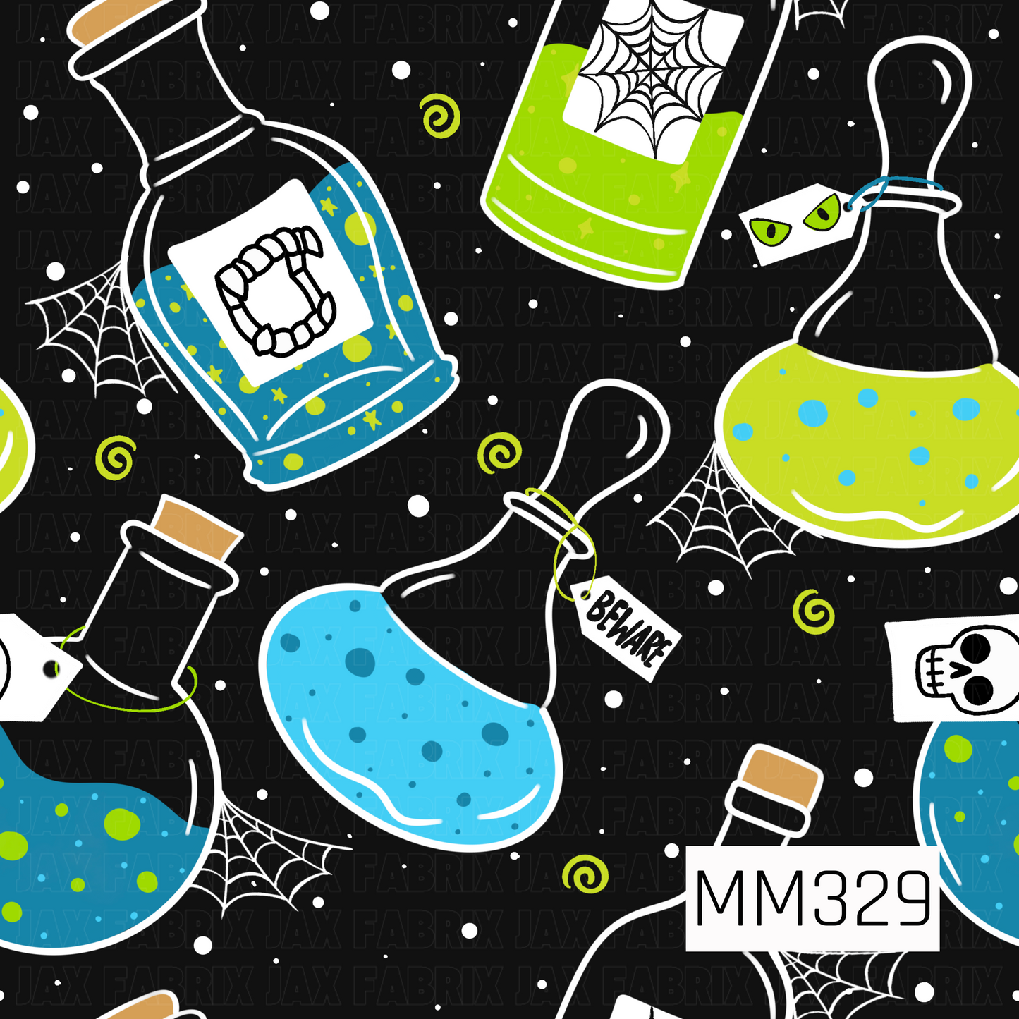 A playful Halloween pattern featuring colorful potion bottles filled with bright blue and lime green brews, accented with spiderwebs, spooky tags, vampire fangs, skull labels, and glowing green eyes. Set against a black background with scattered stars and swirls, this design brings a fun, whimsical twist to spooky season.