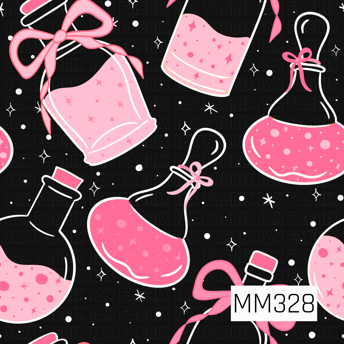A whimsical Halloween pattern featuring pink potion bottles filled with sparkling brews on a black background. White twinkling stars and scattered dots add a magical touch, creating a fun and playful design with a cute pastel spooky aesthetic.