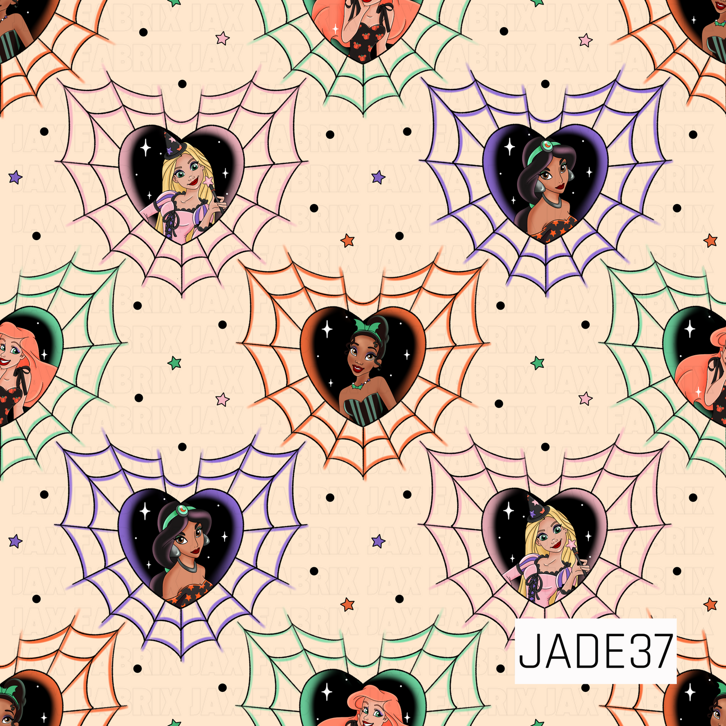 A whimsical Halloween pattern featuring princess-inspired characters framed inside heart-shaped centers of colorful spiderwebs. The webs are outlined in soft shades of purple, mint, orange, and pink against a light cream background. Small stars, dots, and sparkles are scattered throughout, creating a playful and magical spooky-season feel. The repeating design combines pastel Halloween colors with enchanting fairytale-inspired elements for a fun and festive look.