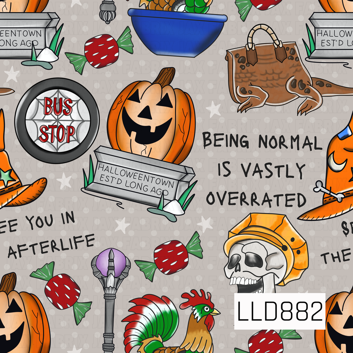 A playful Halloween pattern featuring jack-o’-lanterns, witch hats, candy, skeletons, spooky signs, and quirky seasonal details. The light gray background keeps the design bright while pops of orange, red, green, blue, and purple give it a fun retro Halloween feel.