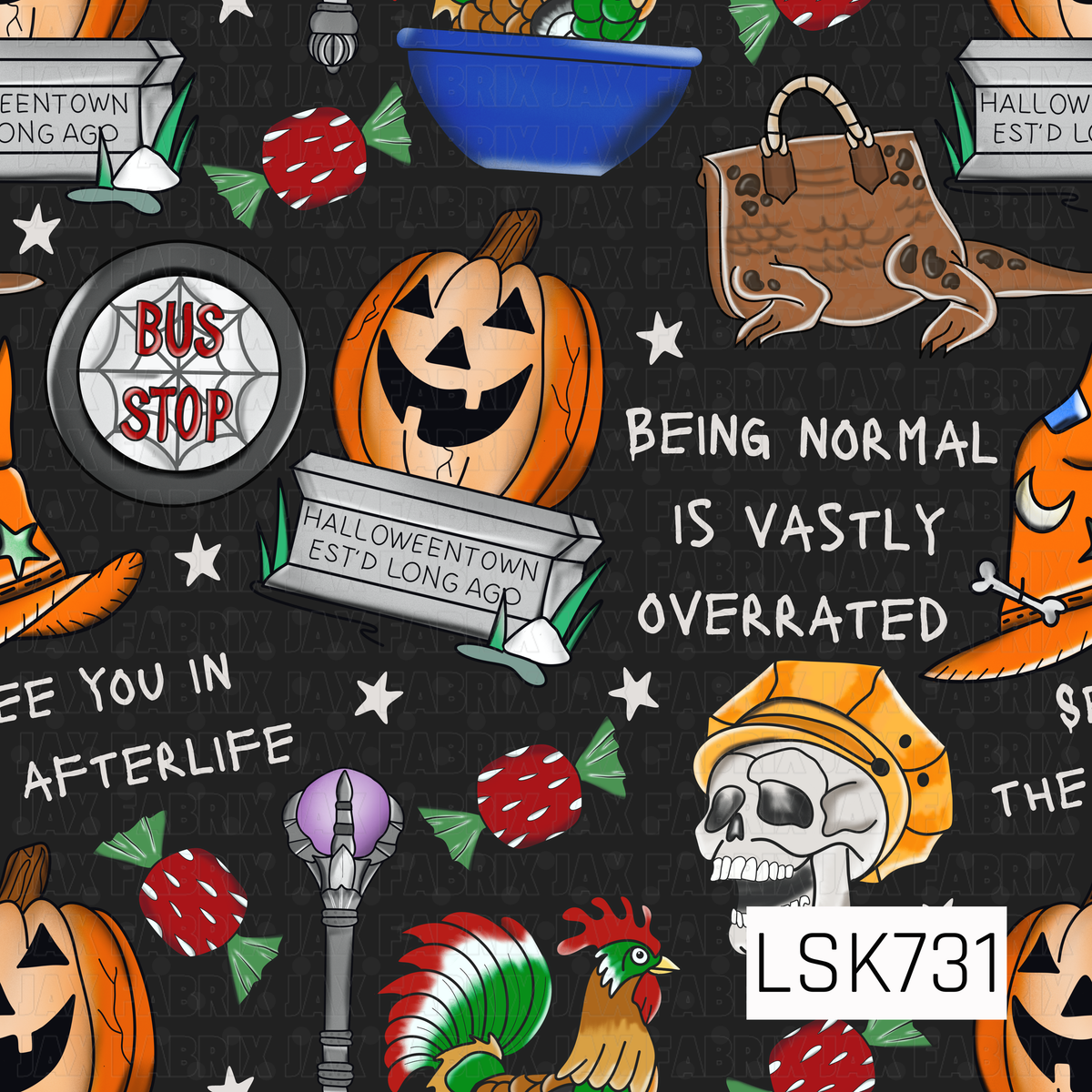 A quirky Halloween pattern featuring jack-o’-lanterns, witch hats, candy, skulls, potion bottles, a bus stop sign, and whimsical Halloweentown-inspired details. Hand-drawn phrases and playful spooky motifs are scattered across a black background in bold orange, green, red, purple, and white.