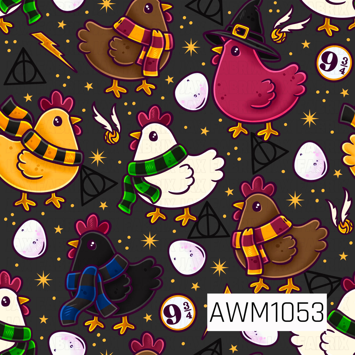 A whimsical Harry Potter-inspired seamless pattern featuring adorable cartoon chickens dressed in colorful Hogwarts house scarves, with one wearing a black witch’s hat. Set against a deep charcoal black background, the design features golden lightning bolts, magical golden snitches, Deathly Hallows symbols, Platform 9¾ signs, scattered eggs, and twinkling gold stars. Rich shades of burgundy, mustard yellow, emerald green, and royal blue give this playful print a fun, magical feel.