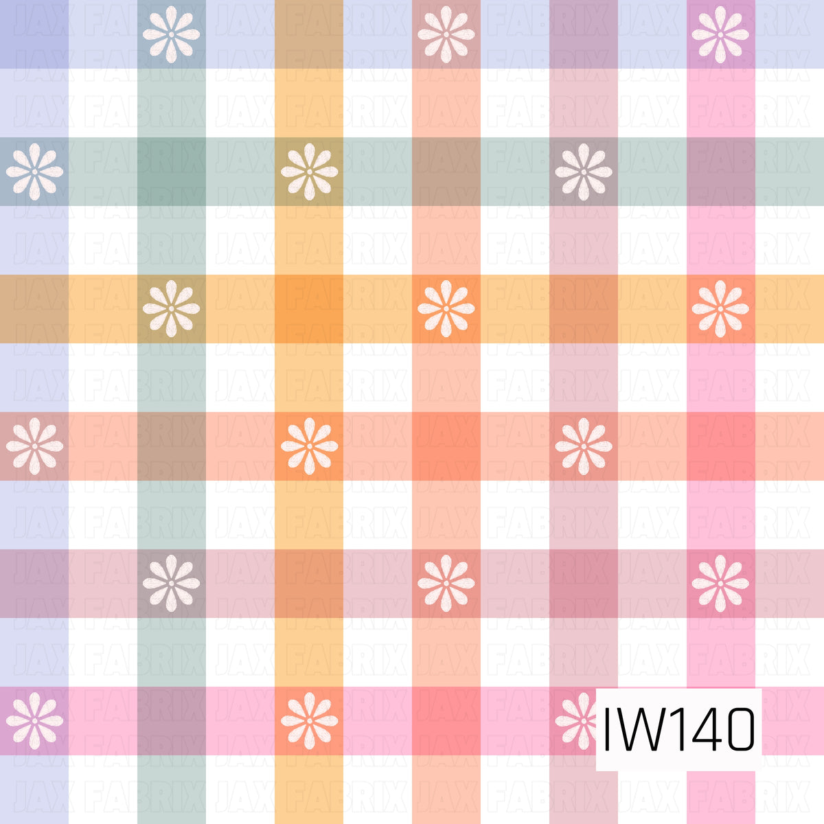 A cheerful seamless gingham print featuring wide, overlapping plaid stripes in soft lavender, sage green, peach, golden yellow, coral, and pink against a crisp white background. Delicate white daisies are scattered throughout the colorful intersections, adding a sweet floral touch to this playful, vintage-inspired design.