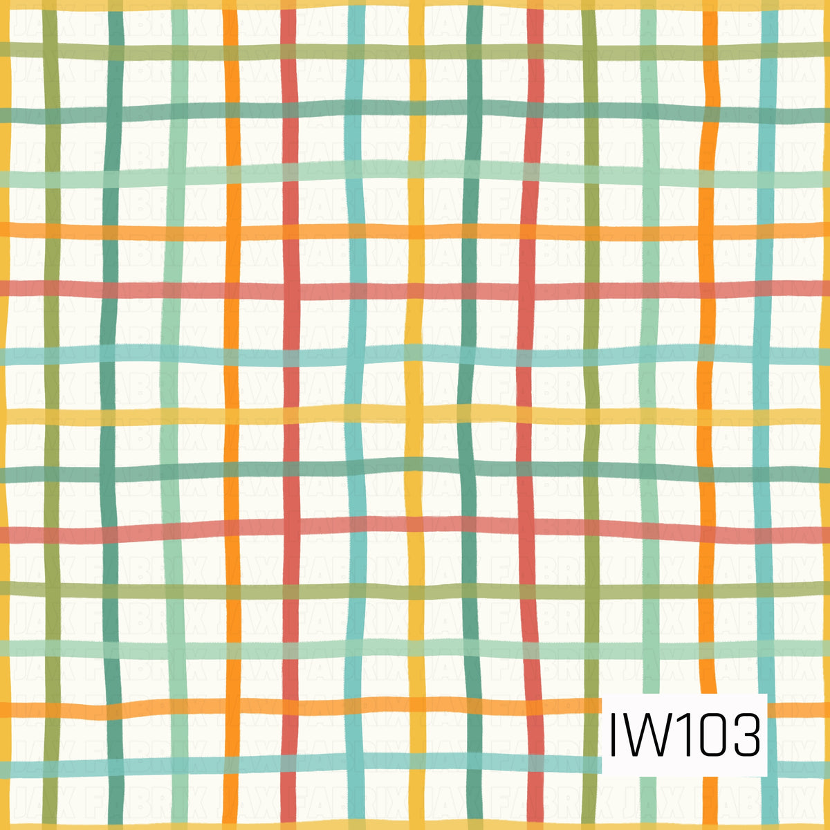 A playful retro-inspired plaid pattern featuring overlapping hand-drawn horizontal and vertical stripes in mustard yellow, burnt orange, coral, sage green, mint, and turquoise. The slightly wavy, uneven lines create a relaxed, hand-painted look, with colorful intersections forming a cheerful checkered design against a crisp white background.