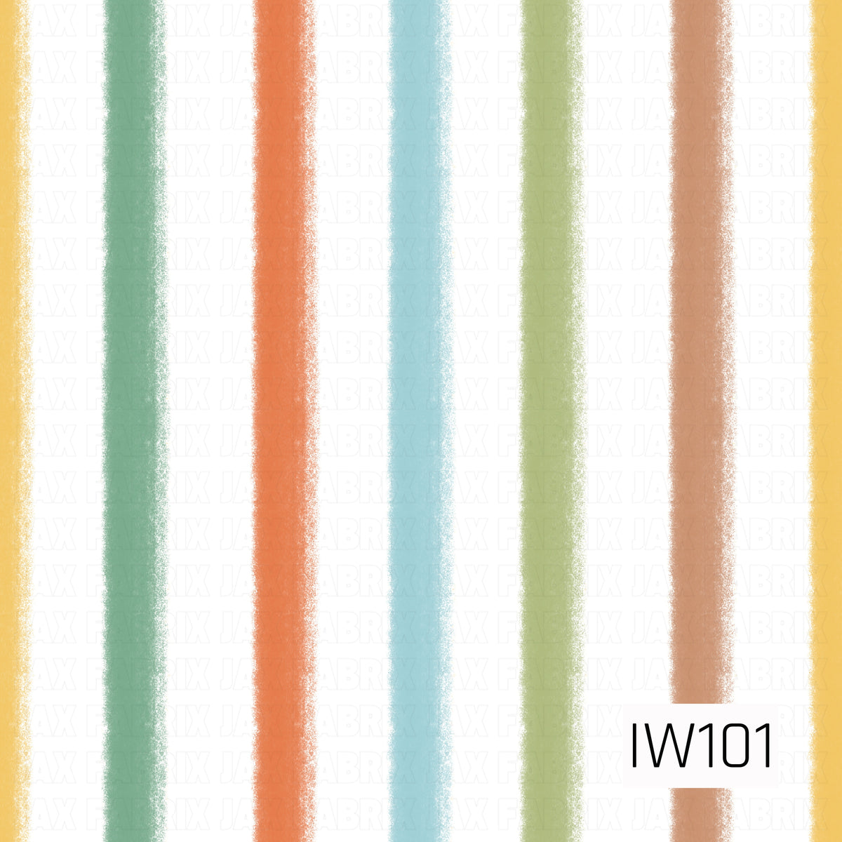 A colorful retro-inspired stripe pattern featuring wide, vertical brushstroke stripes in mustard yellow, sage green, burnt orange, light blue, olive green, and warm peach. Each stripe has soft, textured edges that create a slightly distressed, hand-painted appearance. Set against a crisp white background, this playful design combines warm and cool tones for a cheerful vintage feel.