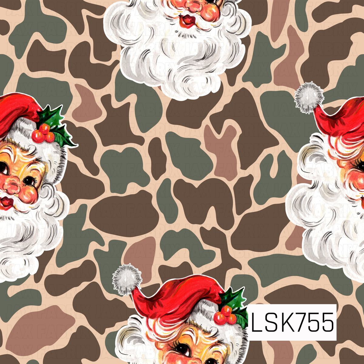 A fun twist on classic Christmas featuring cheerful vintage Santa faces over a muted camouflage background. The earthy mix of olive green, warm brown, dusty tan and soft taupe gives the design a rugged feel, while Santa’s bright red hat, rosy cheeks, fluffy white beard, and holly accents add a bold pop of traditional holiday color.