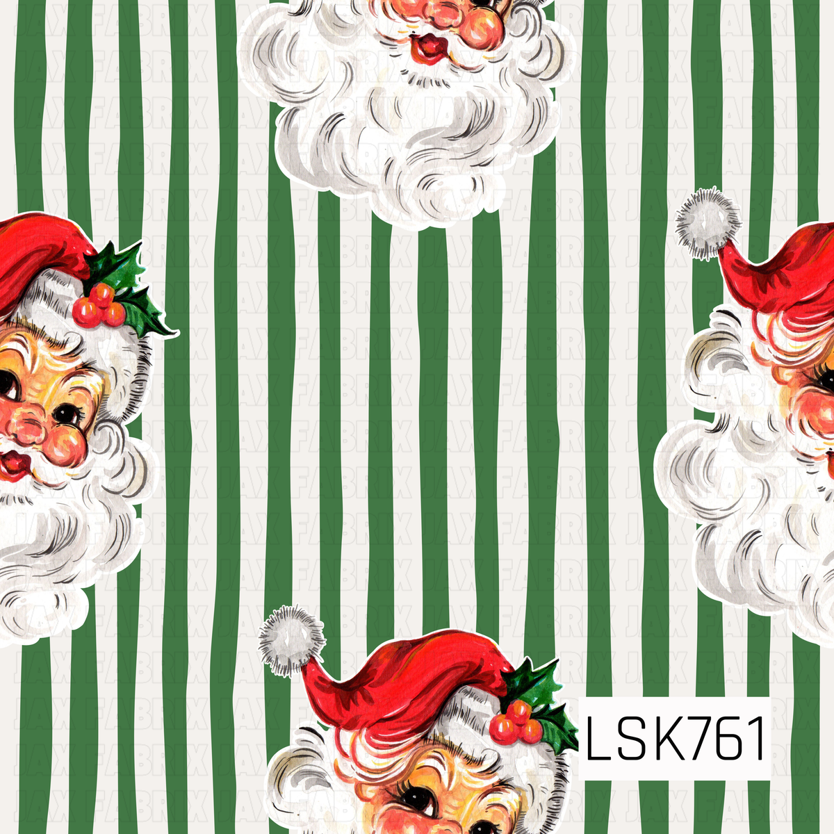 A retro Christmas design featuring cheerful vintage Santa faces paired with bold green and white vertical stripes. Santa’s rosy cheeks, fluffy white beard, red hat, and holly accents add a nostalgic holiday feel to the classic striped background.