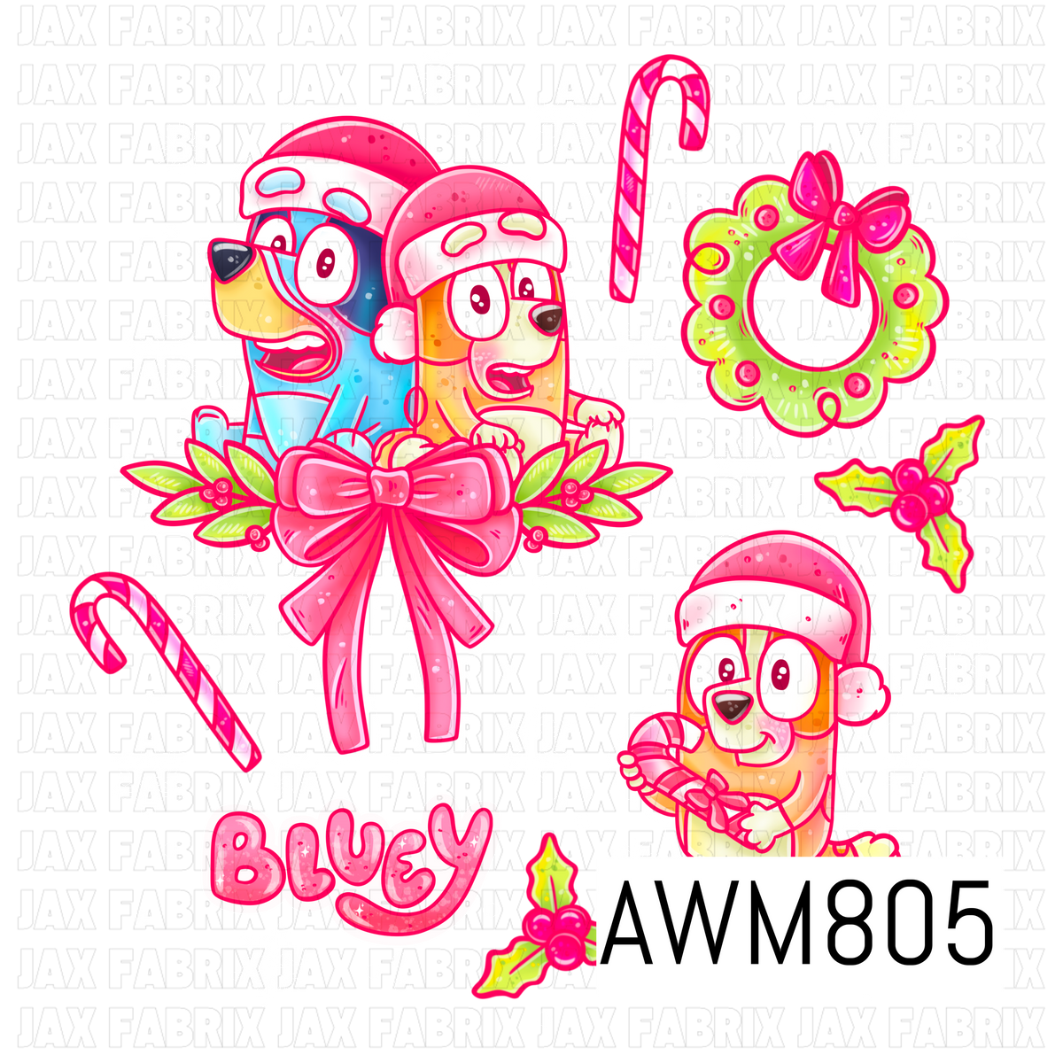 A festive Christmas-themed PNG featuring two playful blue heeler puppies wearing Santa hats, one holding a candy cane, along with a bright pink bow, lime green wreath, candy canes, holly sprigs, delicate snowflakes, and the word "Bluey" in cheerful pink lettering. Designed in vibrant pink, lime green, blue, and white tones, this whimsical clipart collection is perfect for holiday crafting and seasonal projects.
