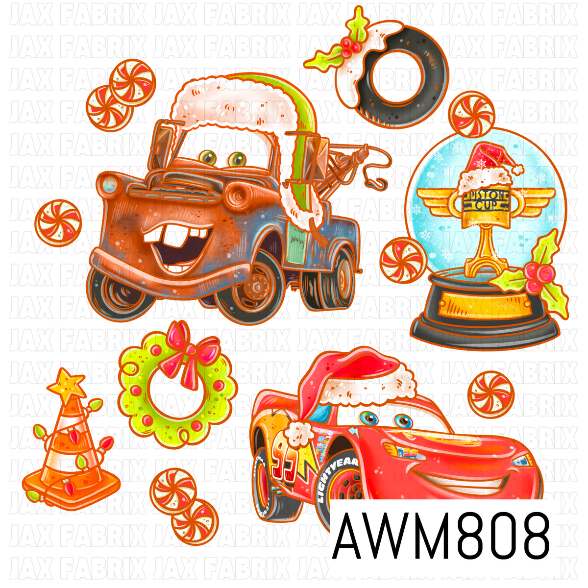 A festive Christmas-themed PNG featuring a cheerful cartoon-inspired tow truck in a Santa hat, a red race car in a Santa hat, a holiday racing trophy, a lime green wreath with a pink bow, peppermint candies, a frosted tire, a traffic cone Christmas tree, holly, and delicate snowflakes. Designed in bright holiday colors, this playful clipart collection is perfect for seasonal crafting and automotive-themed projects.